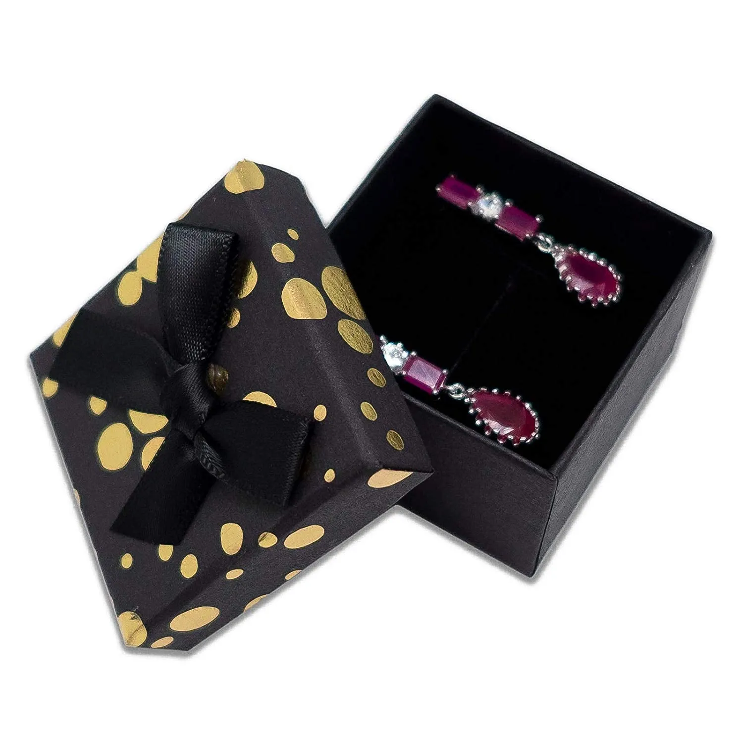 1 3/4" x 1 3/4" Black and Gold Polka Dot Cardboard Ribbon Bow Jewelry Box