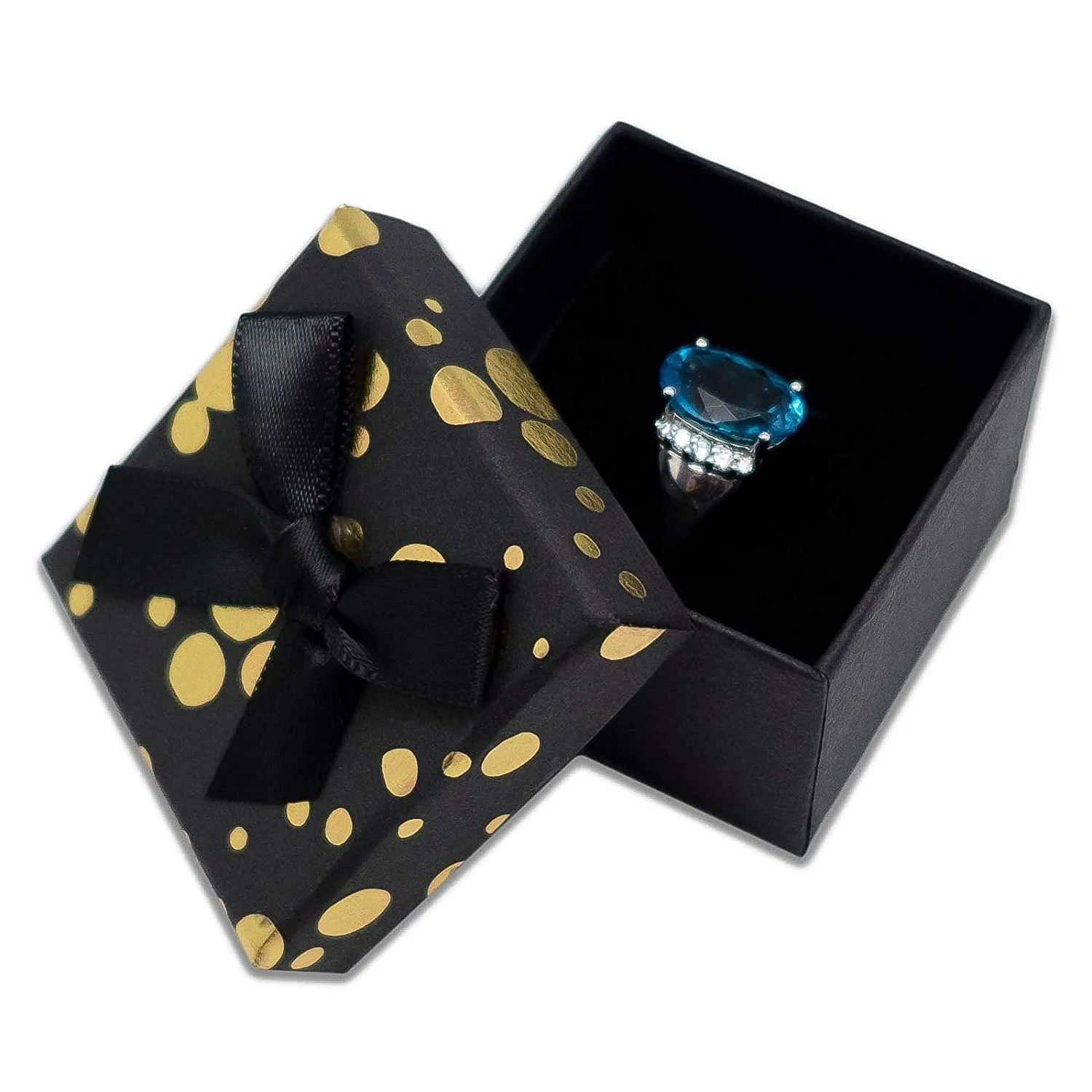 1 3/4" x 1 3/4" Black and Gold Polka Dot Cardboard Ribbon Bow Jewelry Box