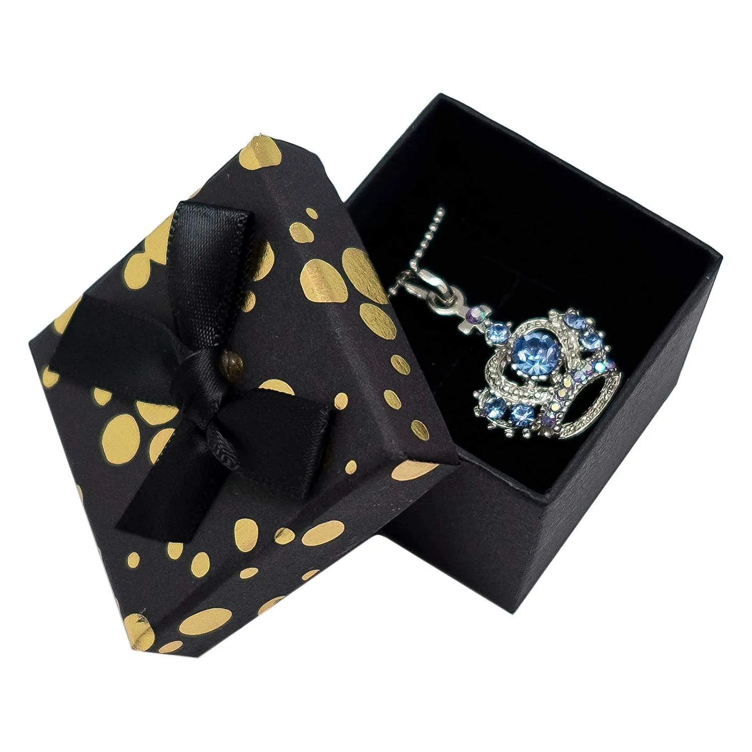 1 3/4" x 1 3/4" Black and Gold Polka Dot Cardboard Ribbon Bow Jewelry Box