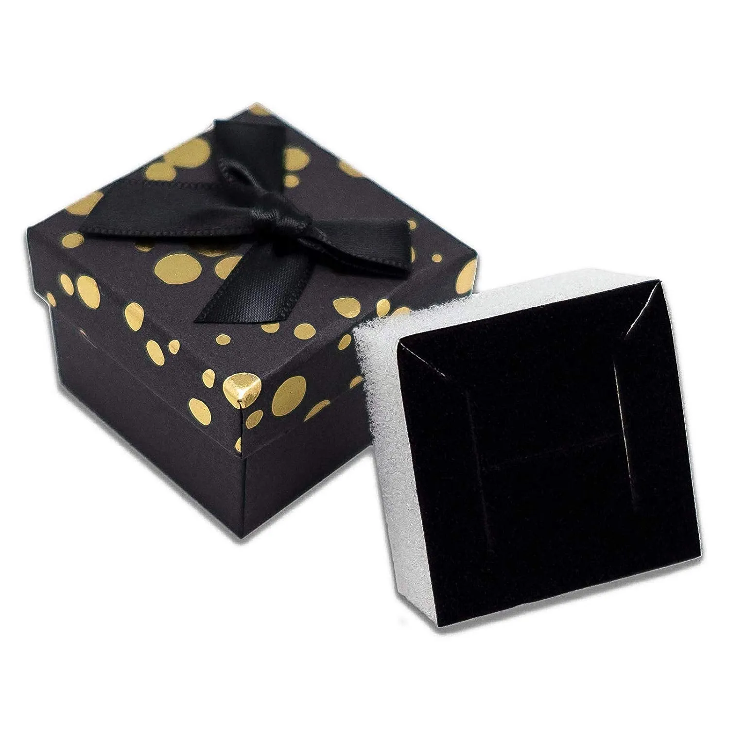 1 3/4" x 1 3/4" Black and Gold Polka Dot Cardboard Ribbon Bow Jewelry Box