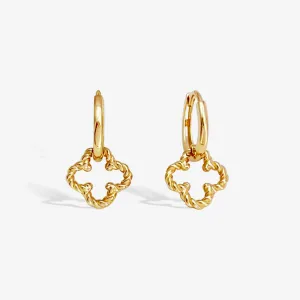 14k Solid Gold Braided Clover Charm Huggie Earrings