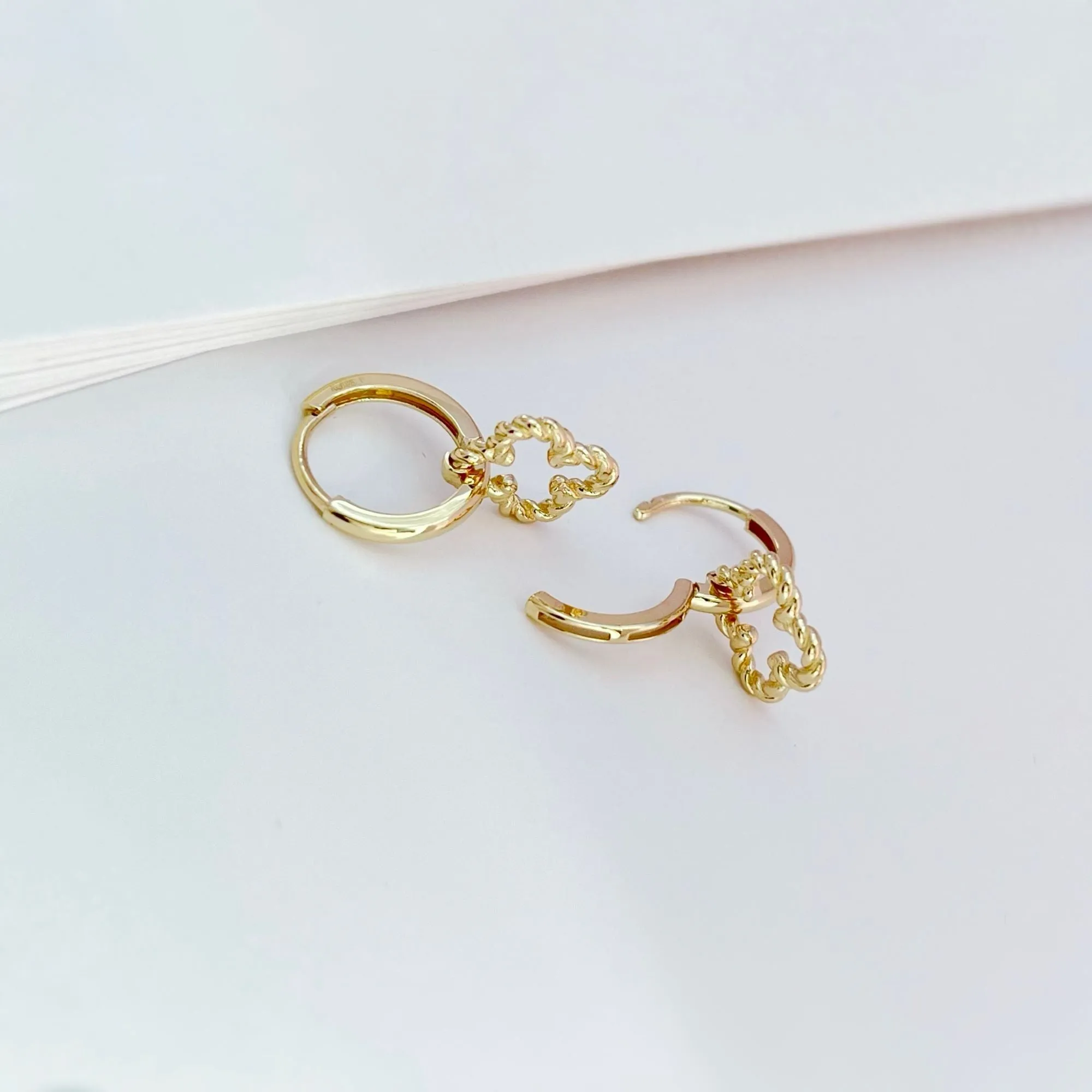 14k Solid Gold Braided Clover Charm Huggie Earrings