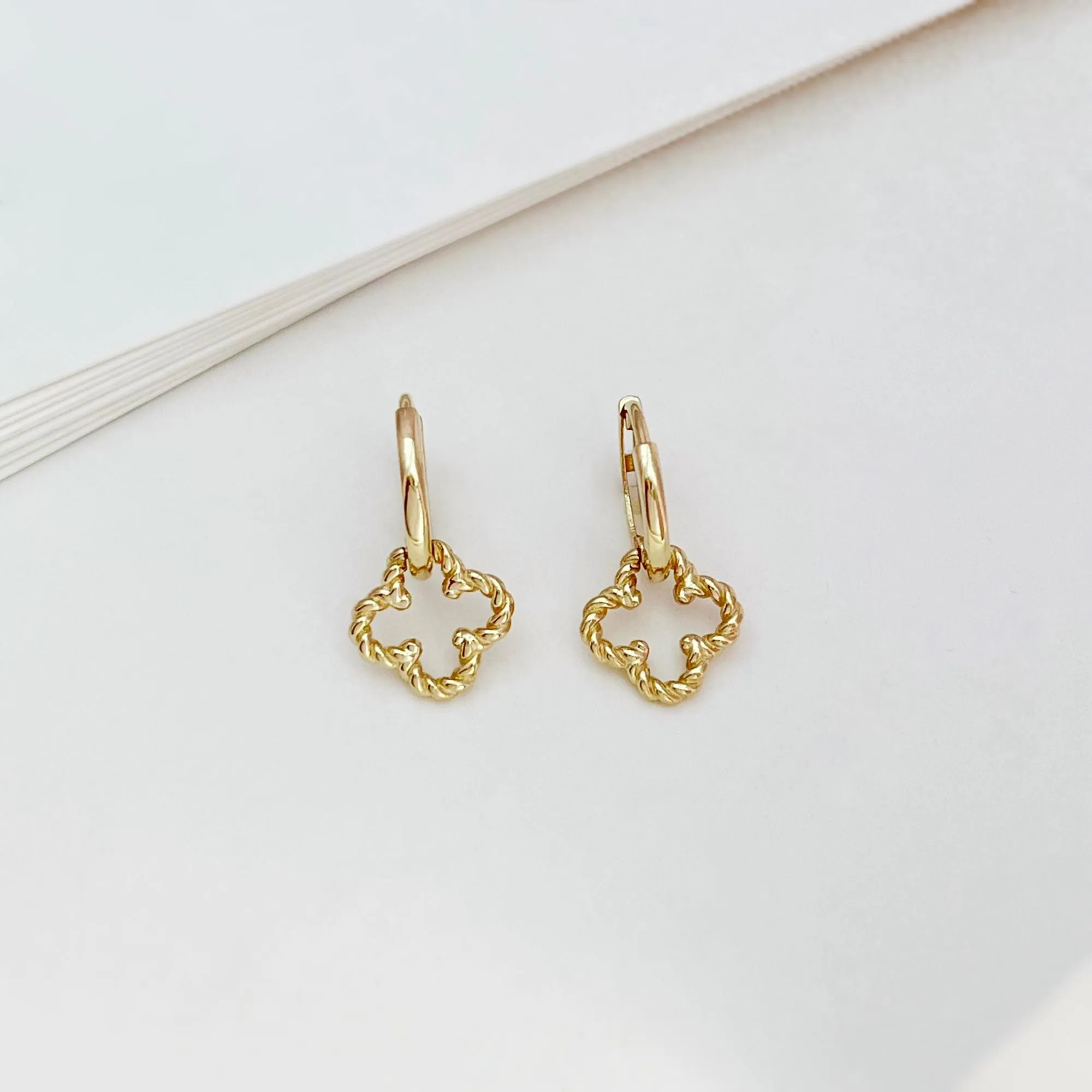 14k Solid Gold Braided Clover Charm Huggie Earrings