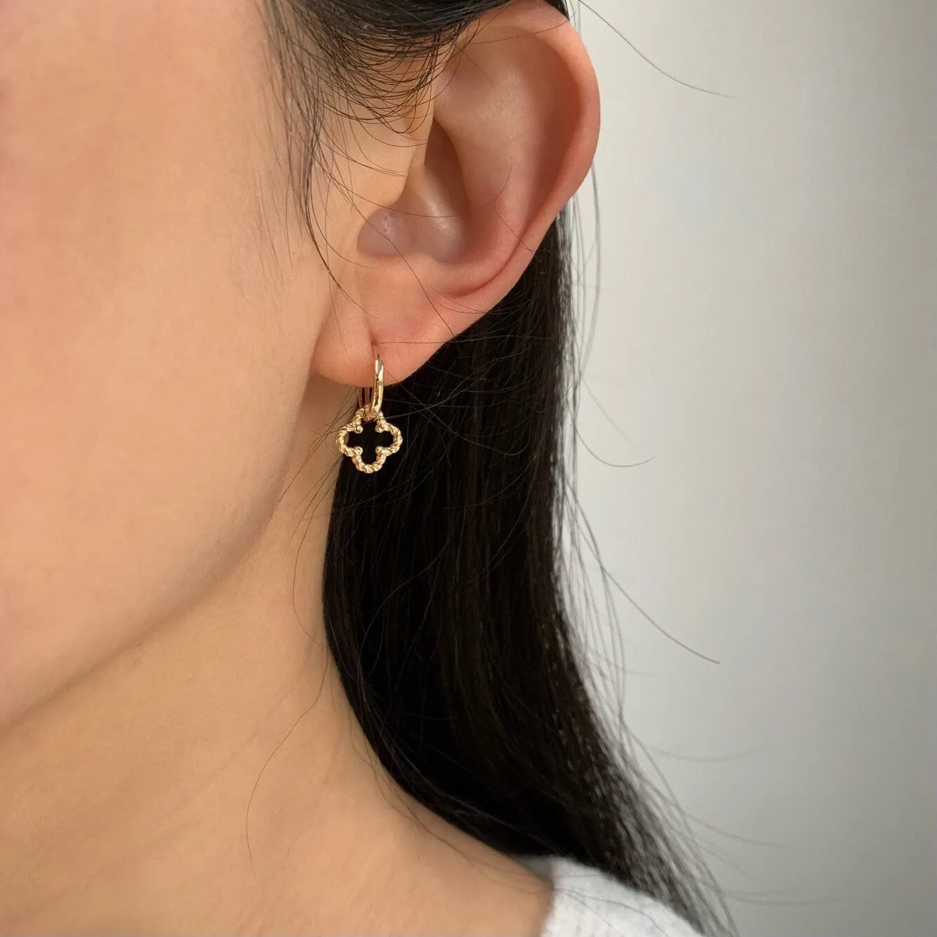 14k Solid Gold Braided Clover Charm Huggie Earrings