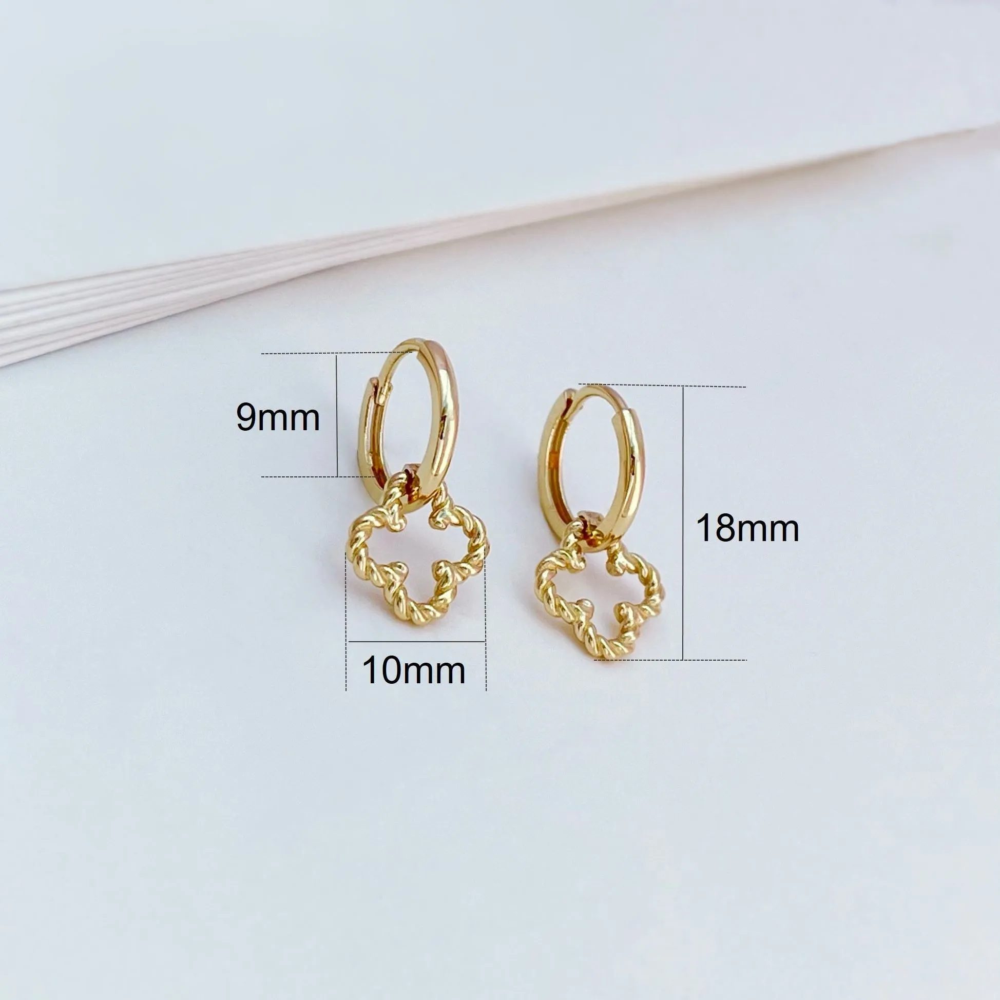 14k Solid Gold Braided Clover Charm Huggie Earrings