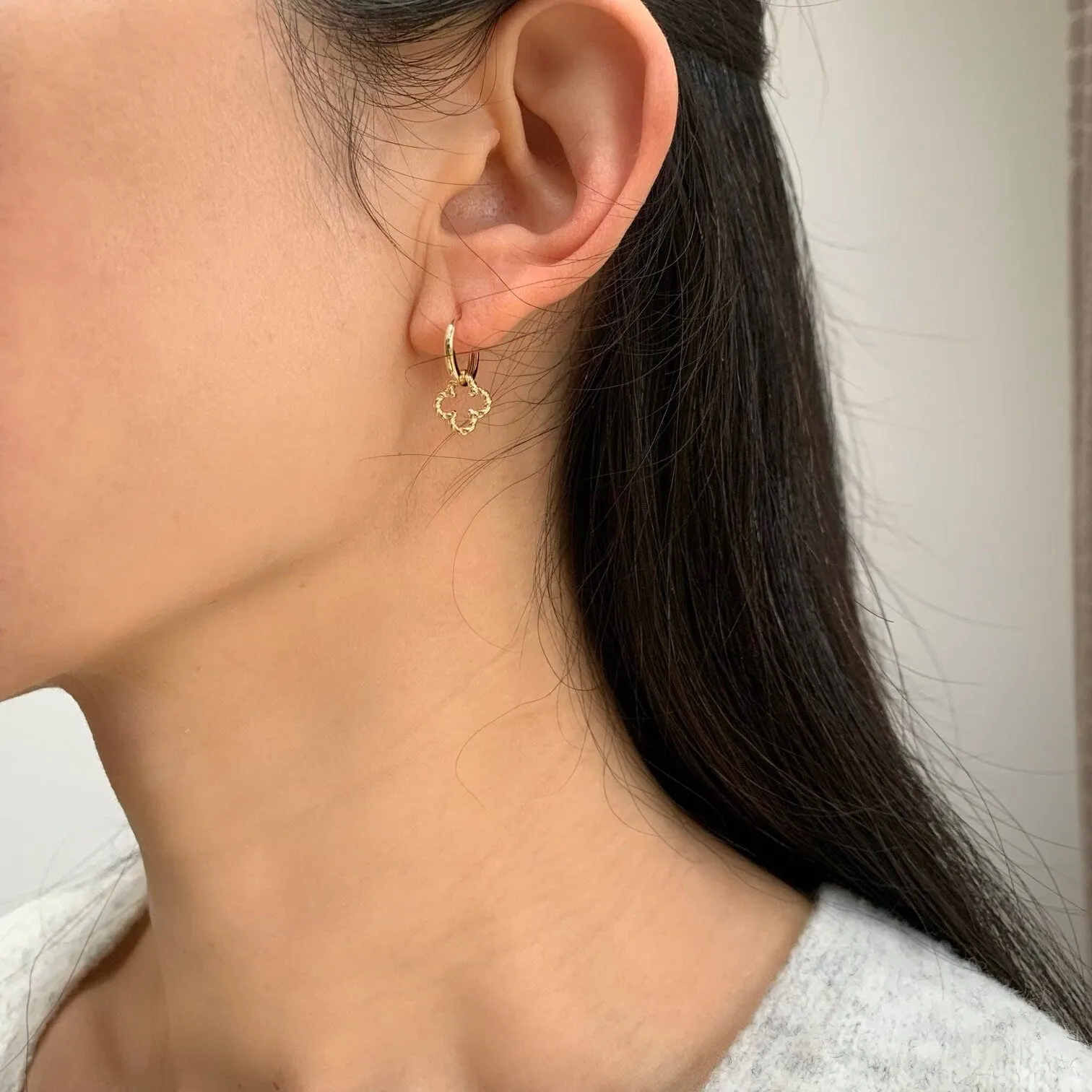 14k Solid Gold Braided Clover Charm Huggie Earrings