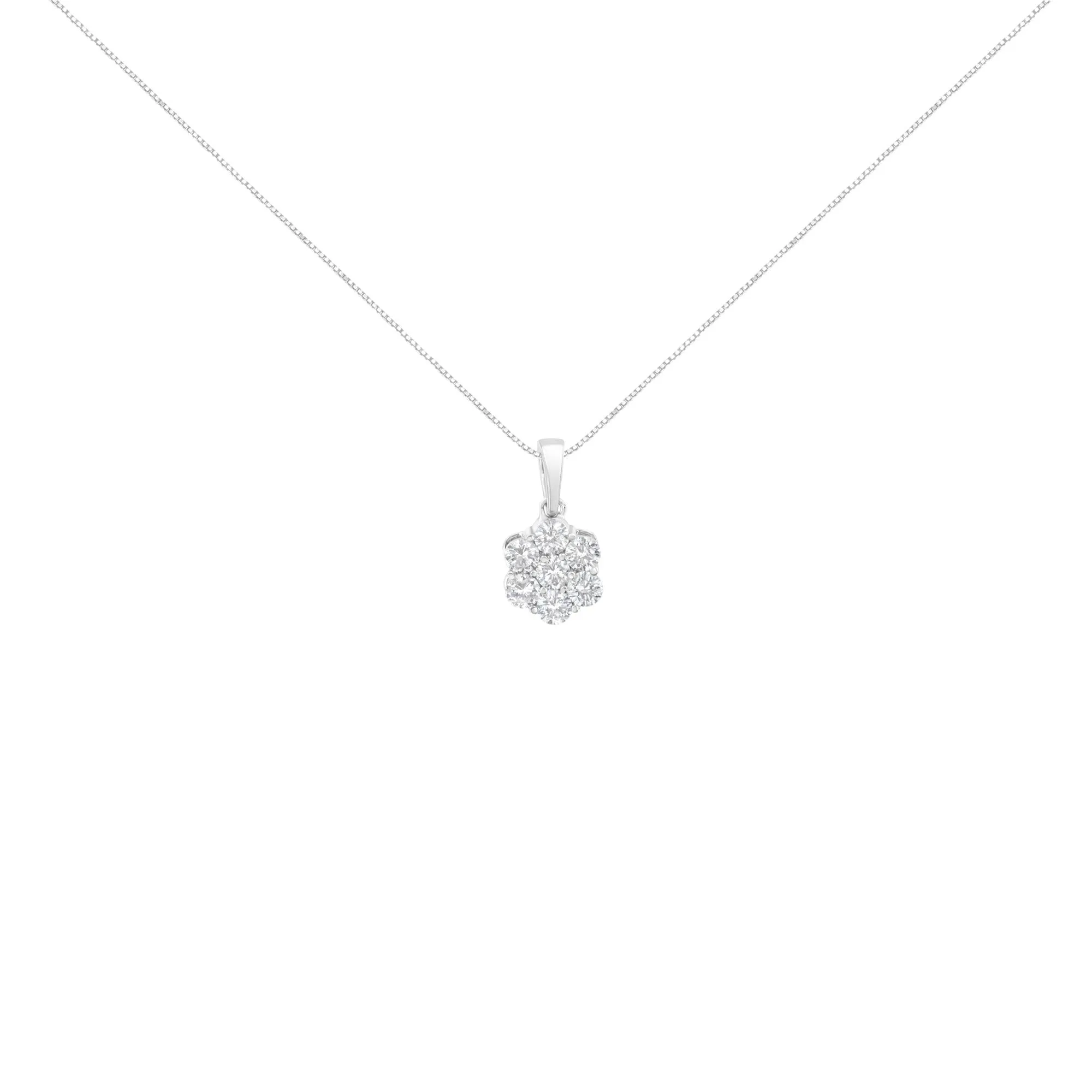 14K White Gold 1 Cttw Brilliant Round-Cut Diamond 7 Stone Flower 18" Pendant Necklace (F-G Color, VS1-VS2 Clarity)
