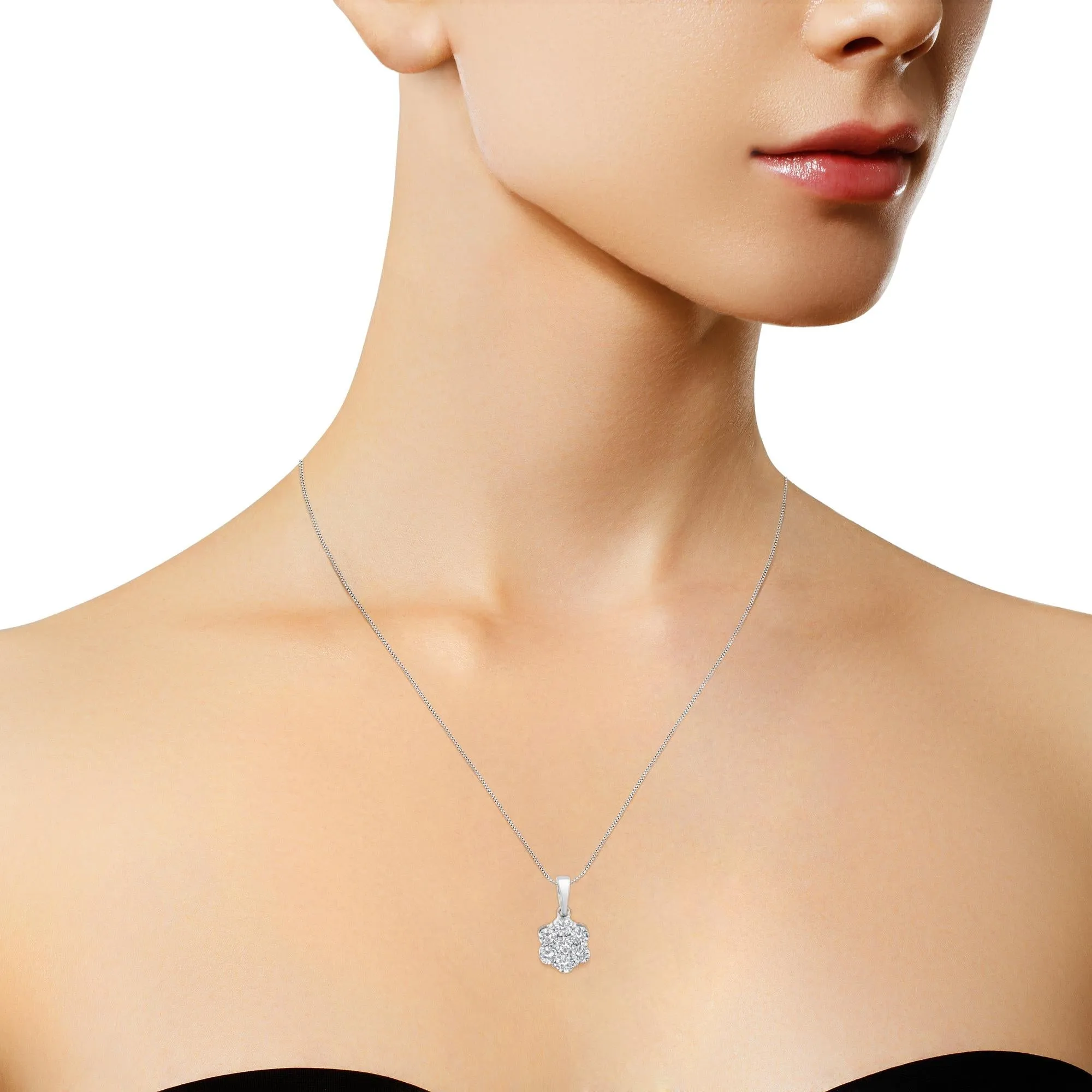 14K White Gold 1 Cttw Brilliant Round-Cut Diamond 7 Stone Flower 18" Pendant Necklace (F-G Color, VS1-VS2 Clarity)
