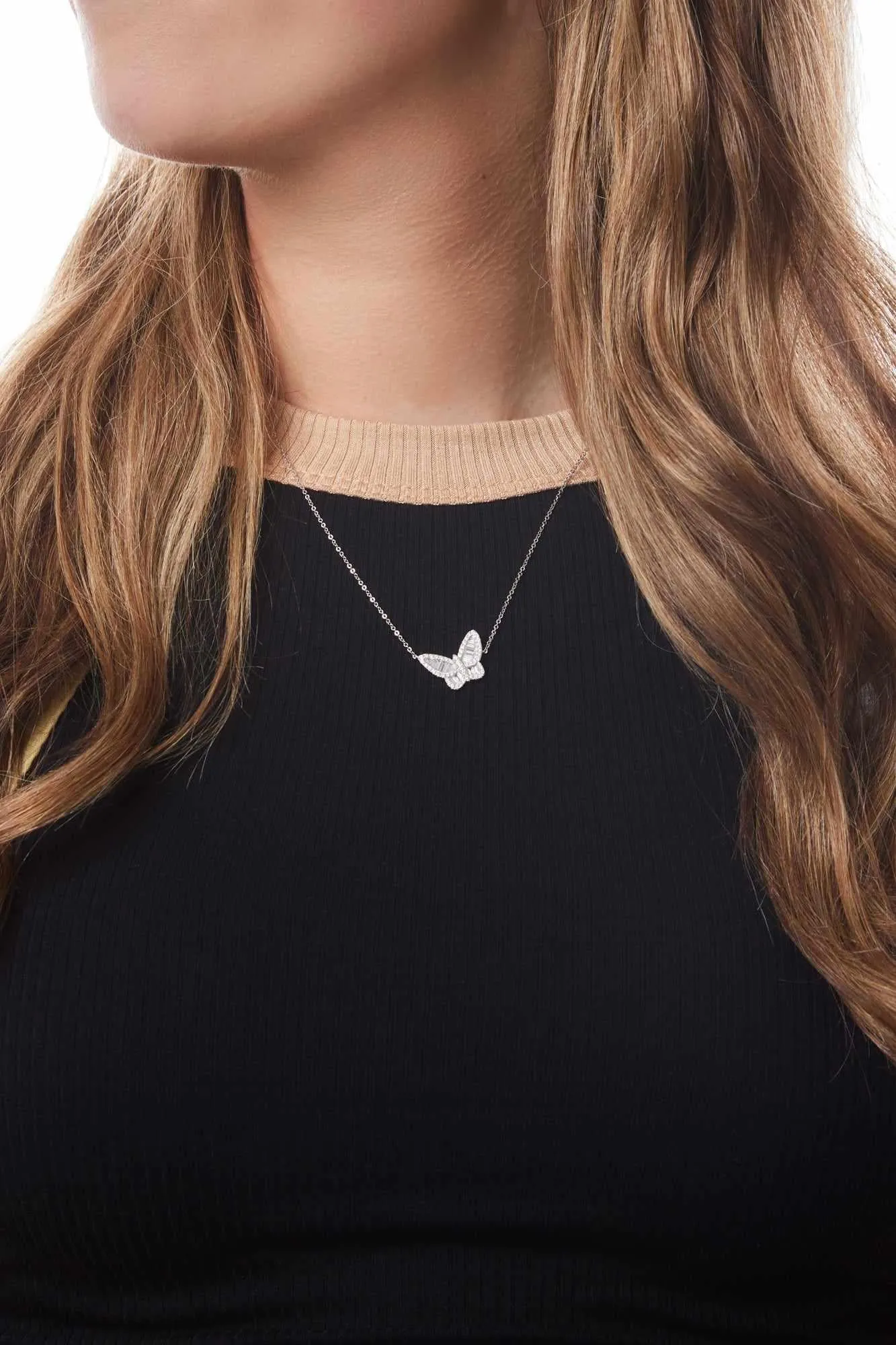 14KW Diamond Baguette Butterfly Necklace