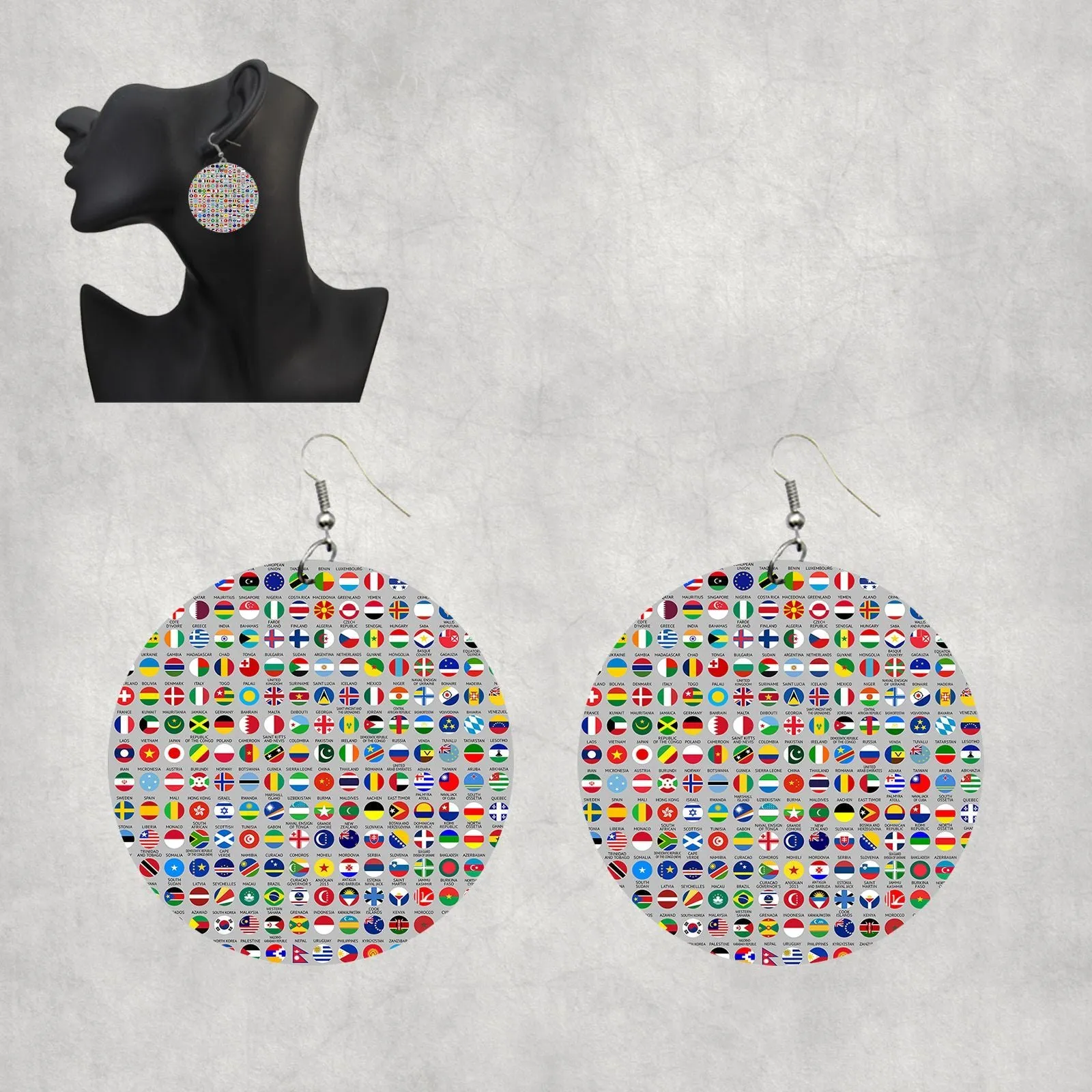 220 World's Flags Designed Wooden Drop Earrings
