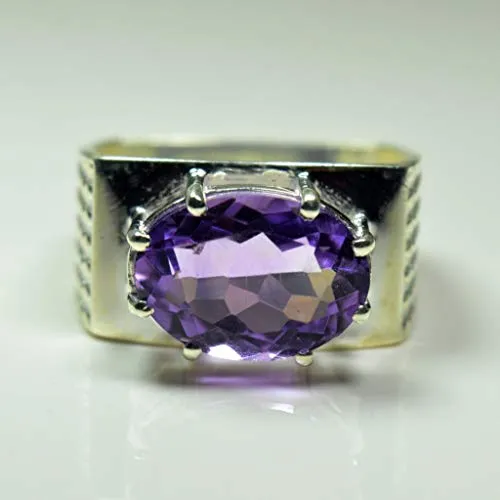55Carat Natural Men's Amethyst Rings Bold Band in Silver Oval Shape Feburary Birthstone Jewelry Size 4-13