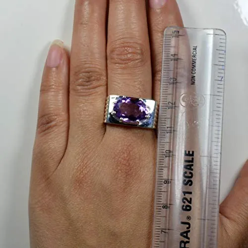 55Carat Natural Men's Amethyst Rings Bold Band in Silver Oval Shape Feburary Birthstone Jewelry Size 4-13