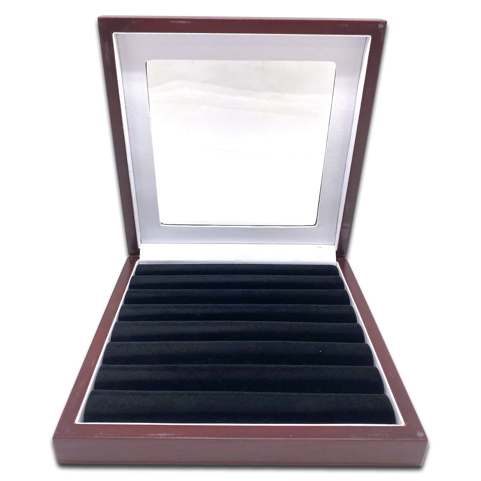 8" x 8" Rosewood Ring Display Case with 8 Roll Black Velvet Insert