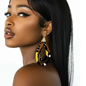 African Mud Cloth Print Earrings | Brown, Yellow, Gold, Black Earrings |  Large African Fabric Earrings | Cloth & Cord
