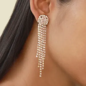 Ayesha Contemporary White Diamante Crystal Studded Gold-Toned Long Tassel Drop Earrings