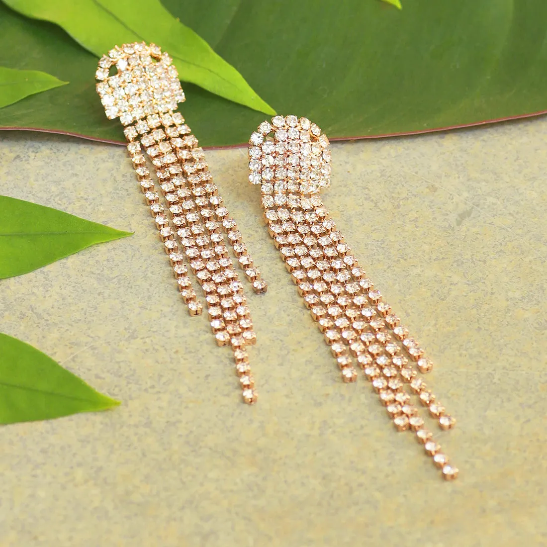 Ayesha Contemporary White Diamante Crystal Studded Gold-Toned Long Tassel Drop Earrings