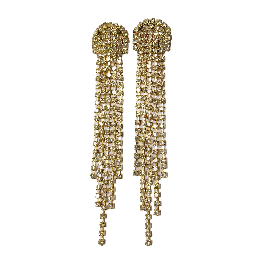Ayesha Contemporary White Diamante Crystal Studded Gold-Toned Long Tassel Drop Earrings