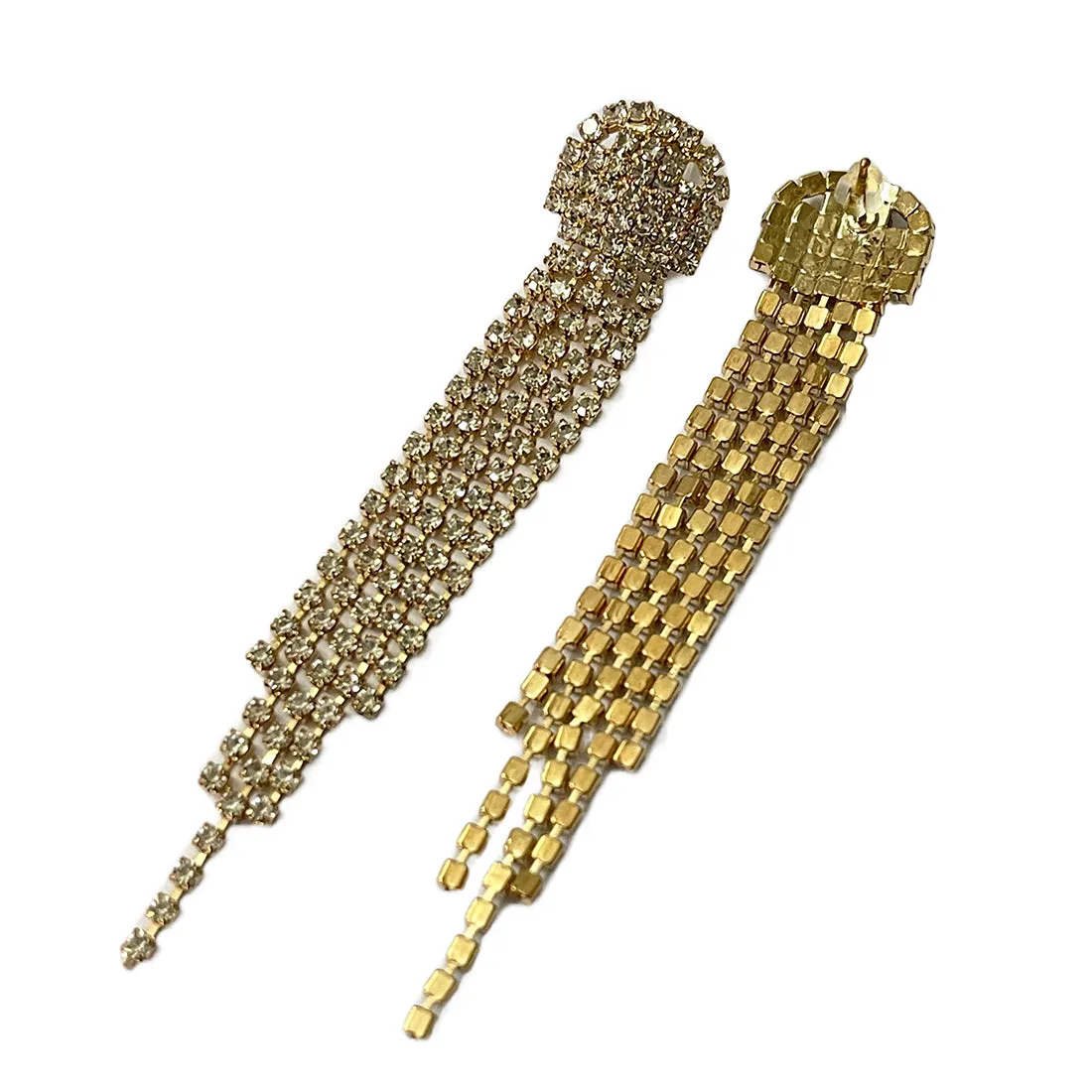 Ayesha Contemporary White Diamante Crystal Studded Gold-Toned Long Tassel Drop Earrings