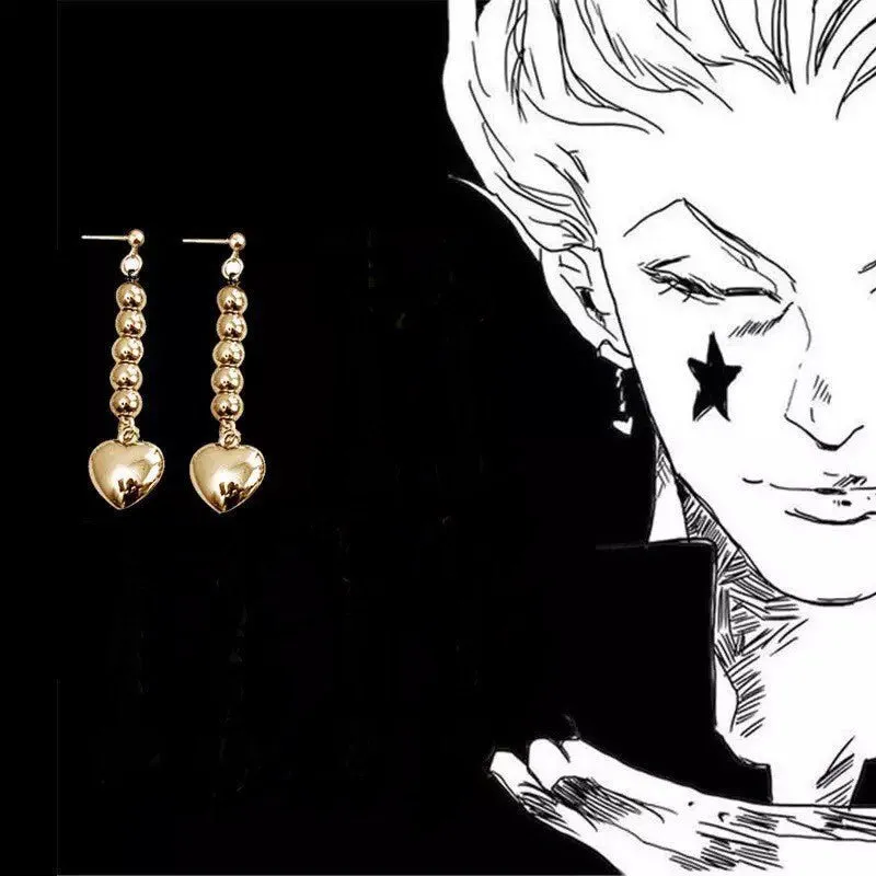 Bizarre Magician Inspired Gold Heart Dangle Anime Thrill Seeker Villain Cosplay Aura Earrings