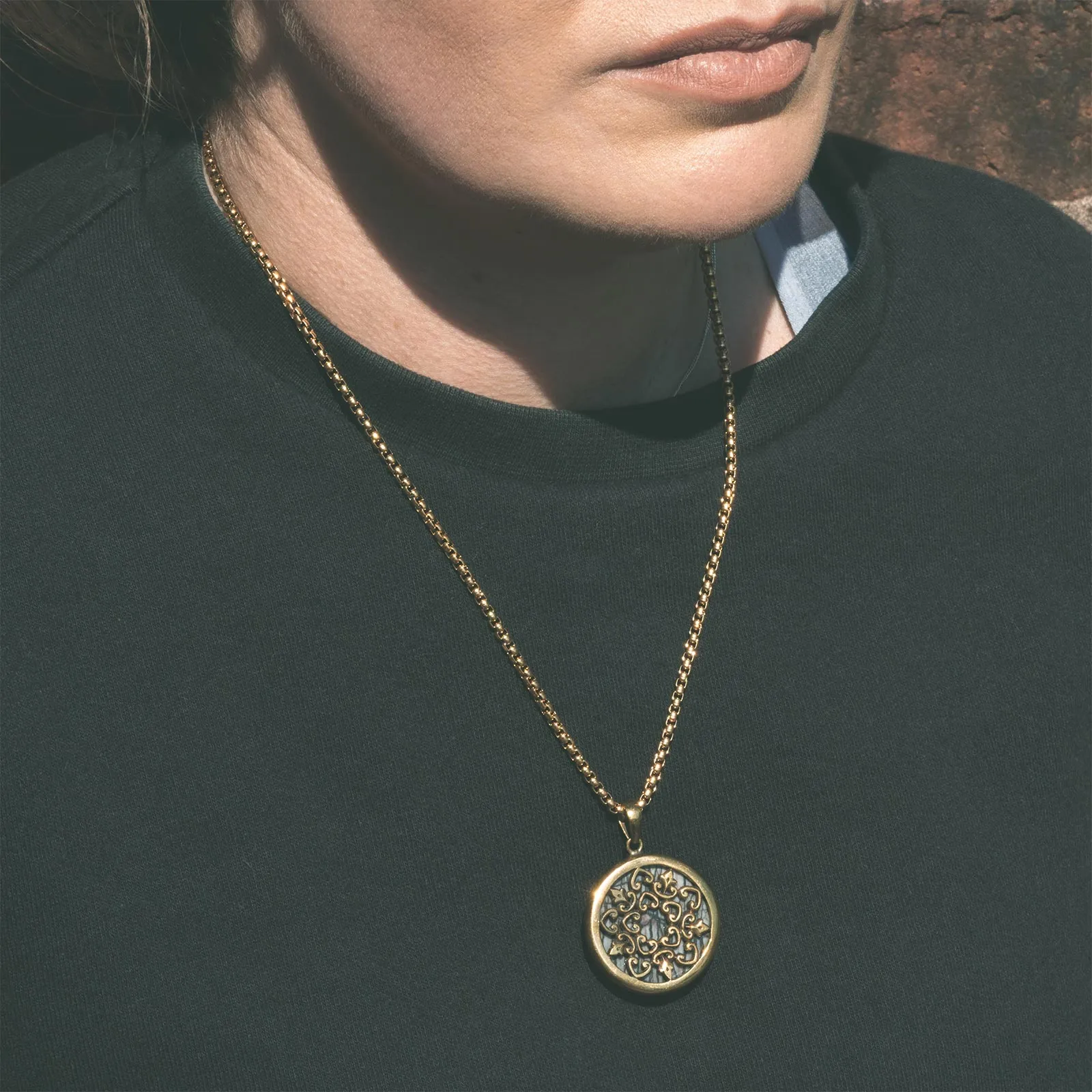 Brass Hearts & Picasso Jasper Pendant With 18k Gold Box Chain
