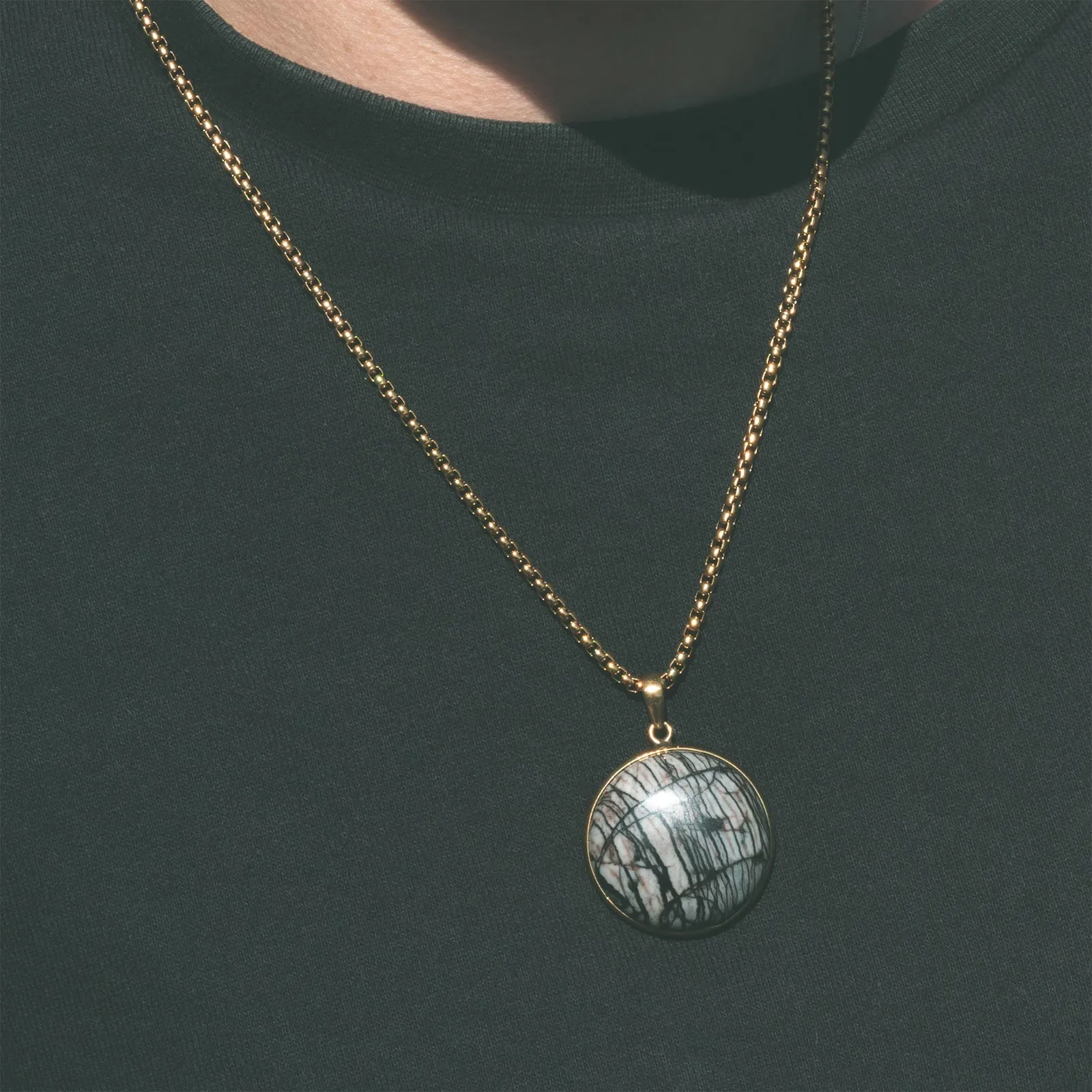 Brass Hearts & Picasso Jasper Pendant With 18k Gold Box Chain