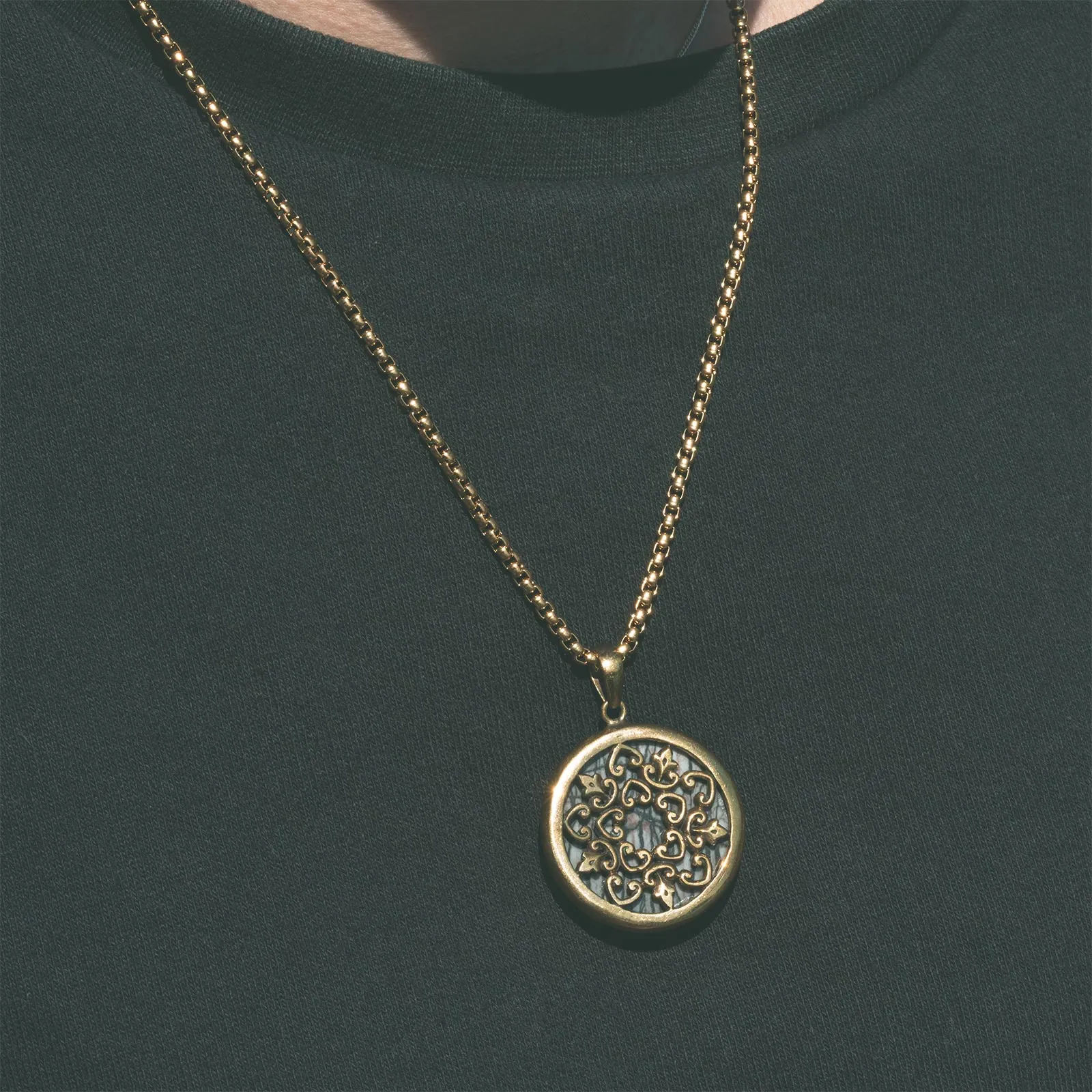 Brass Hearts & Picasso Jasper Pendant With 18k Gold Box Chain