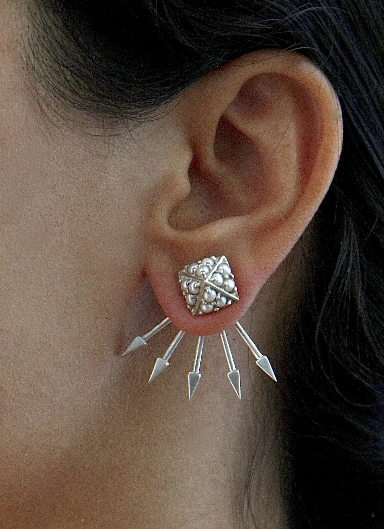 Chic, edgy yet feminine, pearl encrusted, pyramidical studs with removable spiky jacket