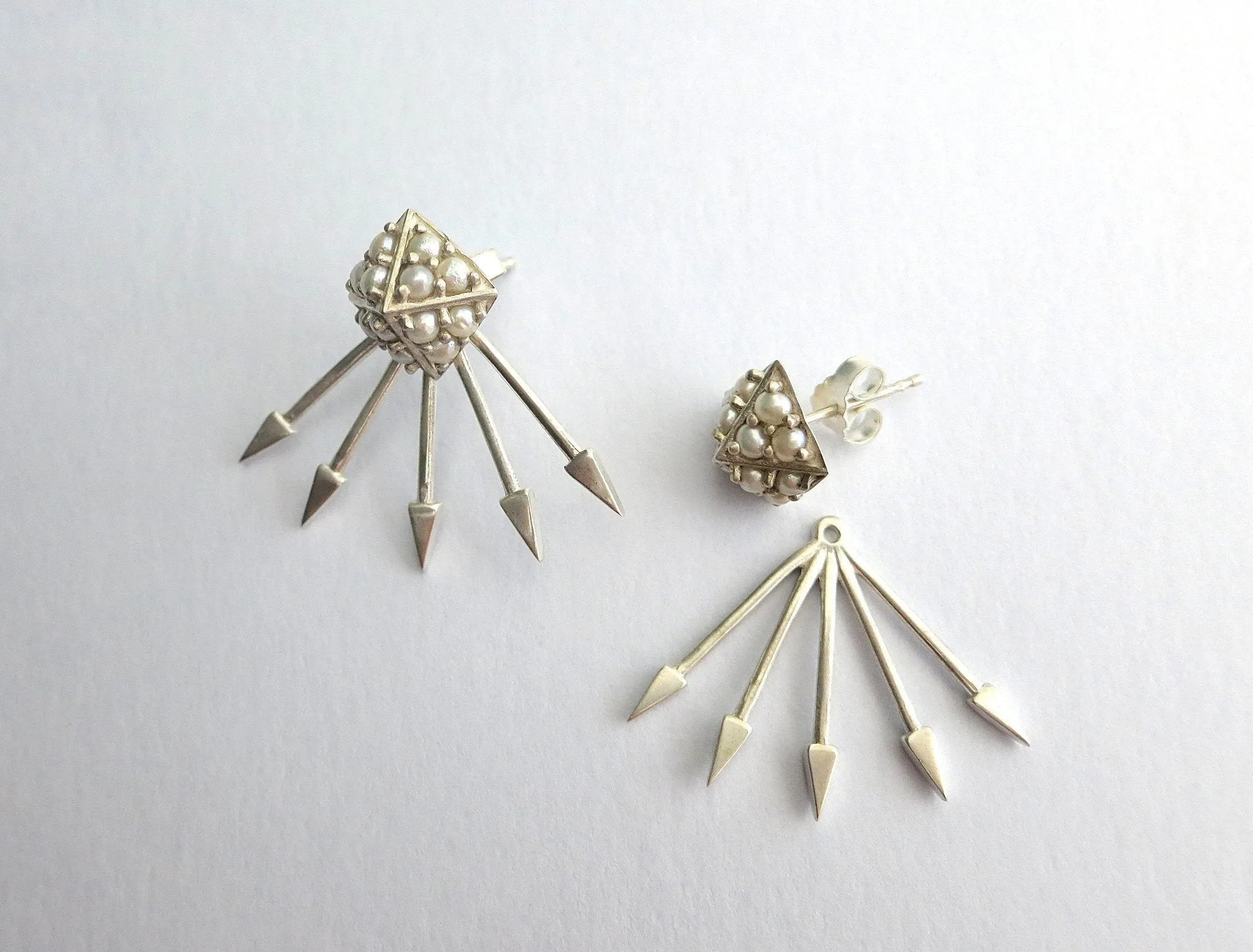 Chic, edgy yet feminine, pearl encrusted, pyramidical studs with removable spiky jacket