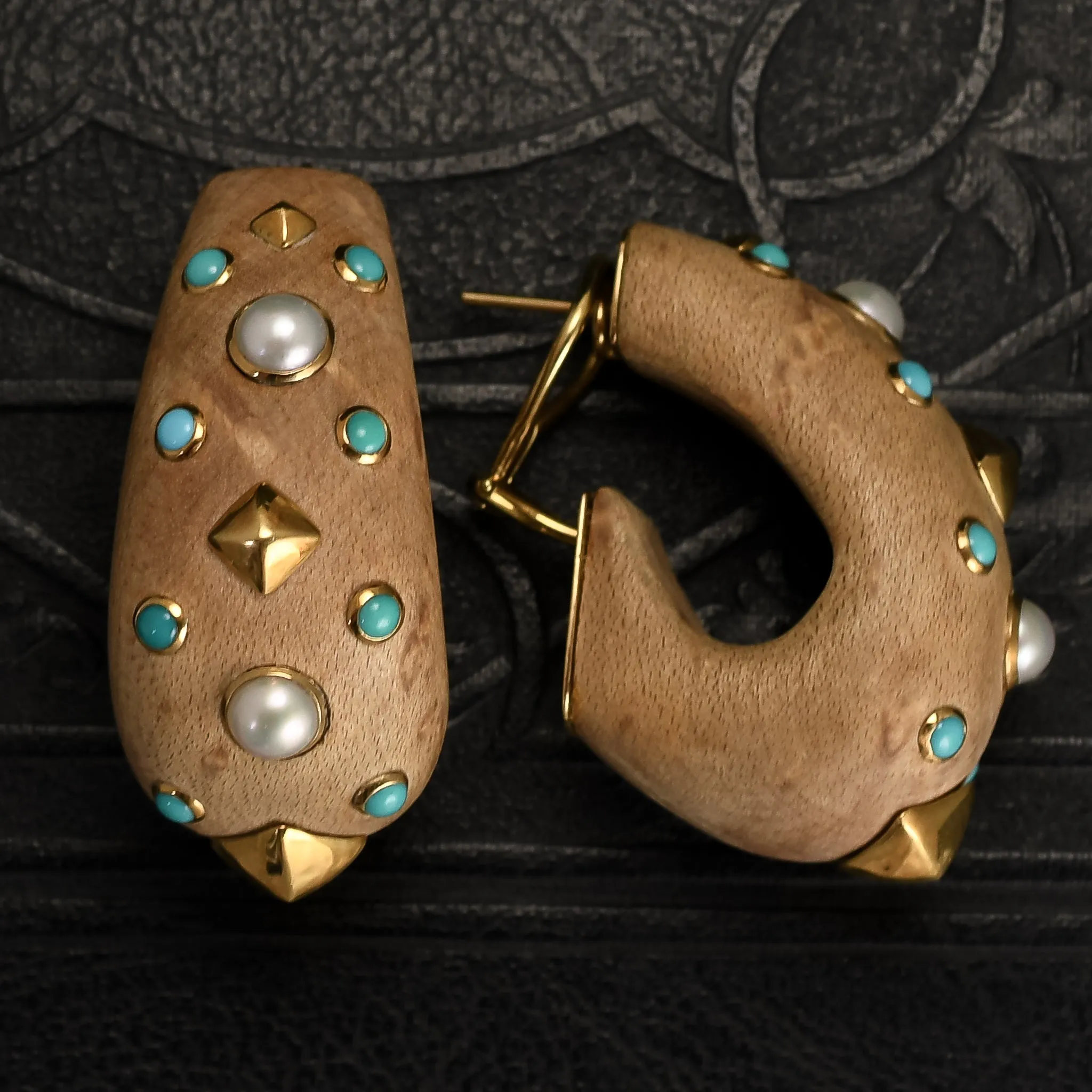 Contemporary Turquoise Pearl & Wood Earrings