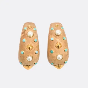 Contemporary Turquoise Pearl & Wood Earrings