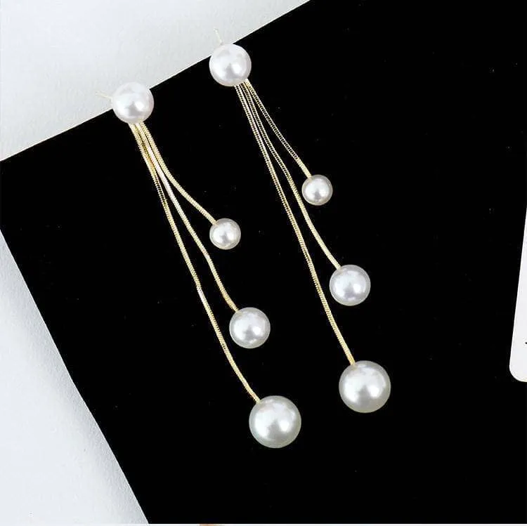 Created Diamond Unique Three Tassels Pearl Earrings