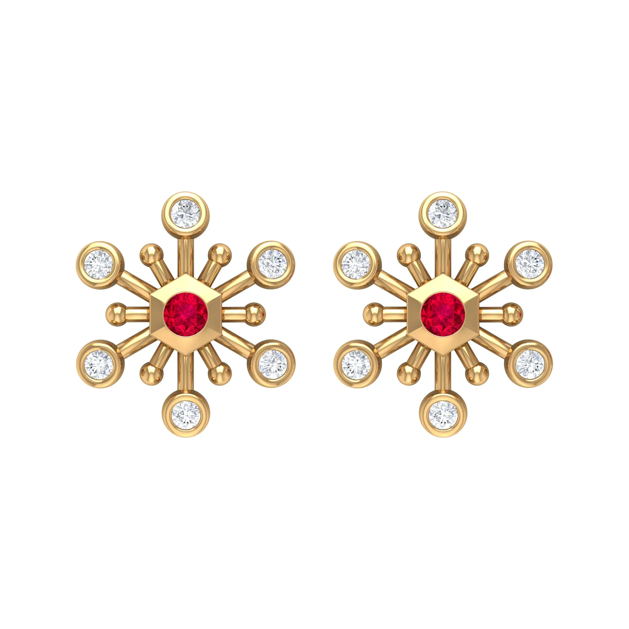 Created Ruby and Diamond Snowflake Contemporary Stud Earrings