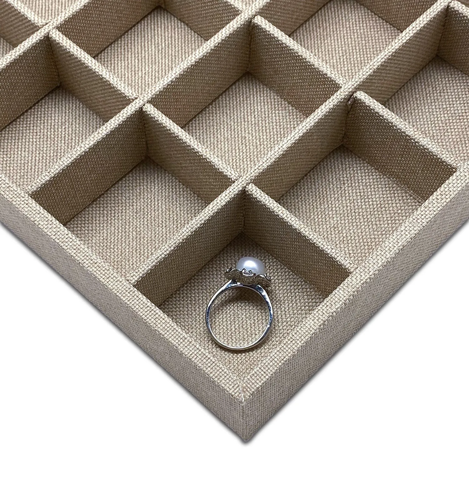 Deluxe Linen Burlap 24 Compartment Stackable Jewelry Tray