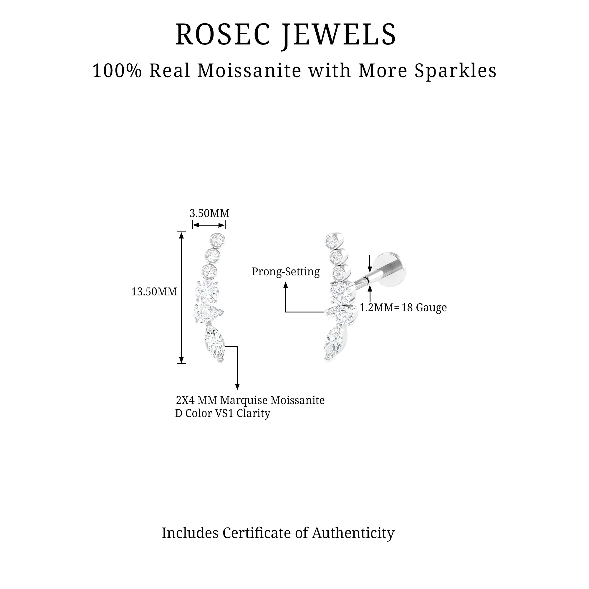 Designer Certified Moissanite Cluster Crawler Earring