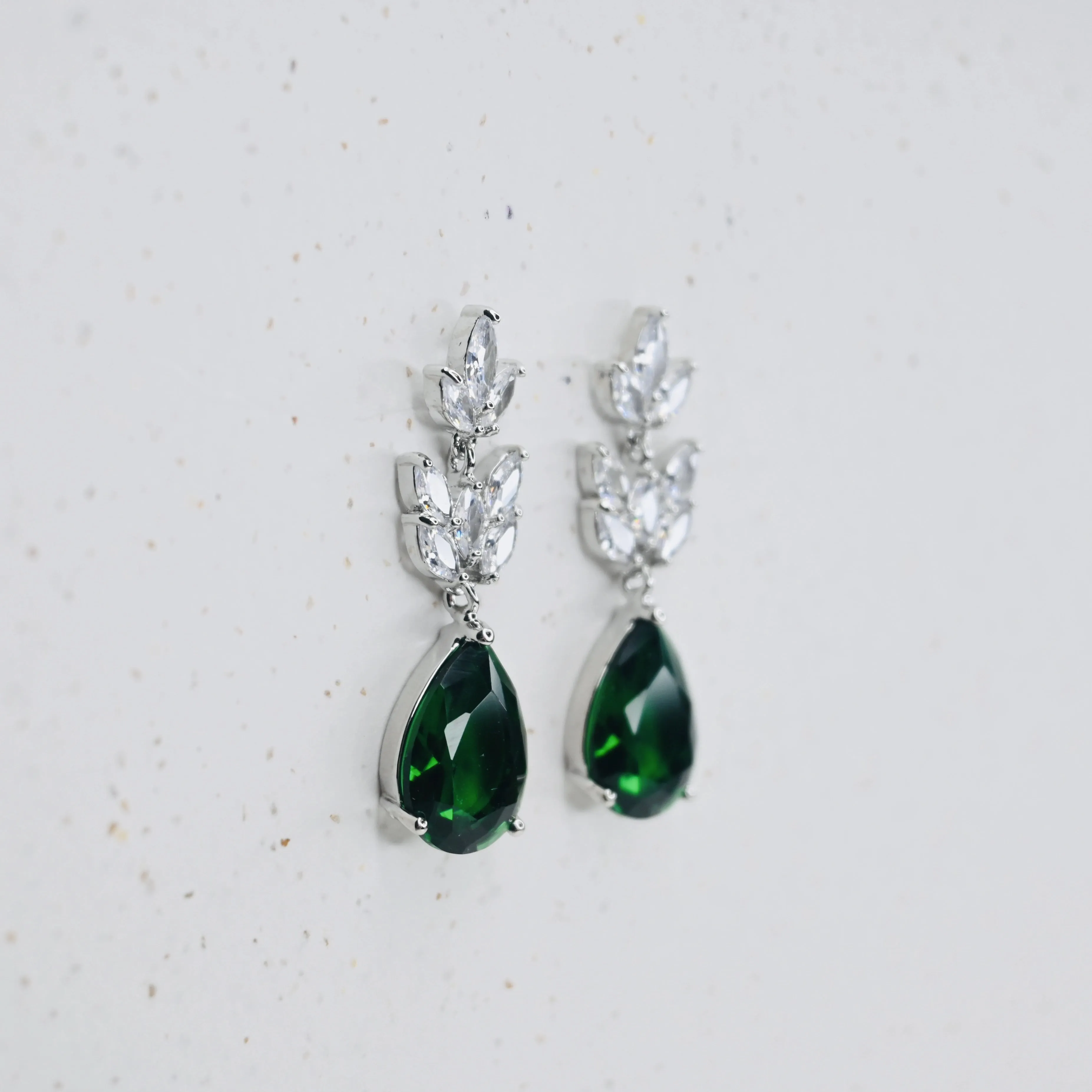 Emerald and Crystal Leaf Teardrop Earrings