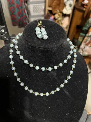 Emerald Green Fashion Stone 30 inch Necklace with 3 Tier Earrings