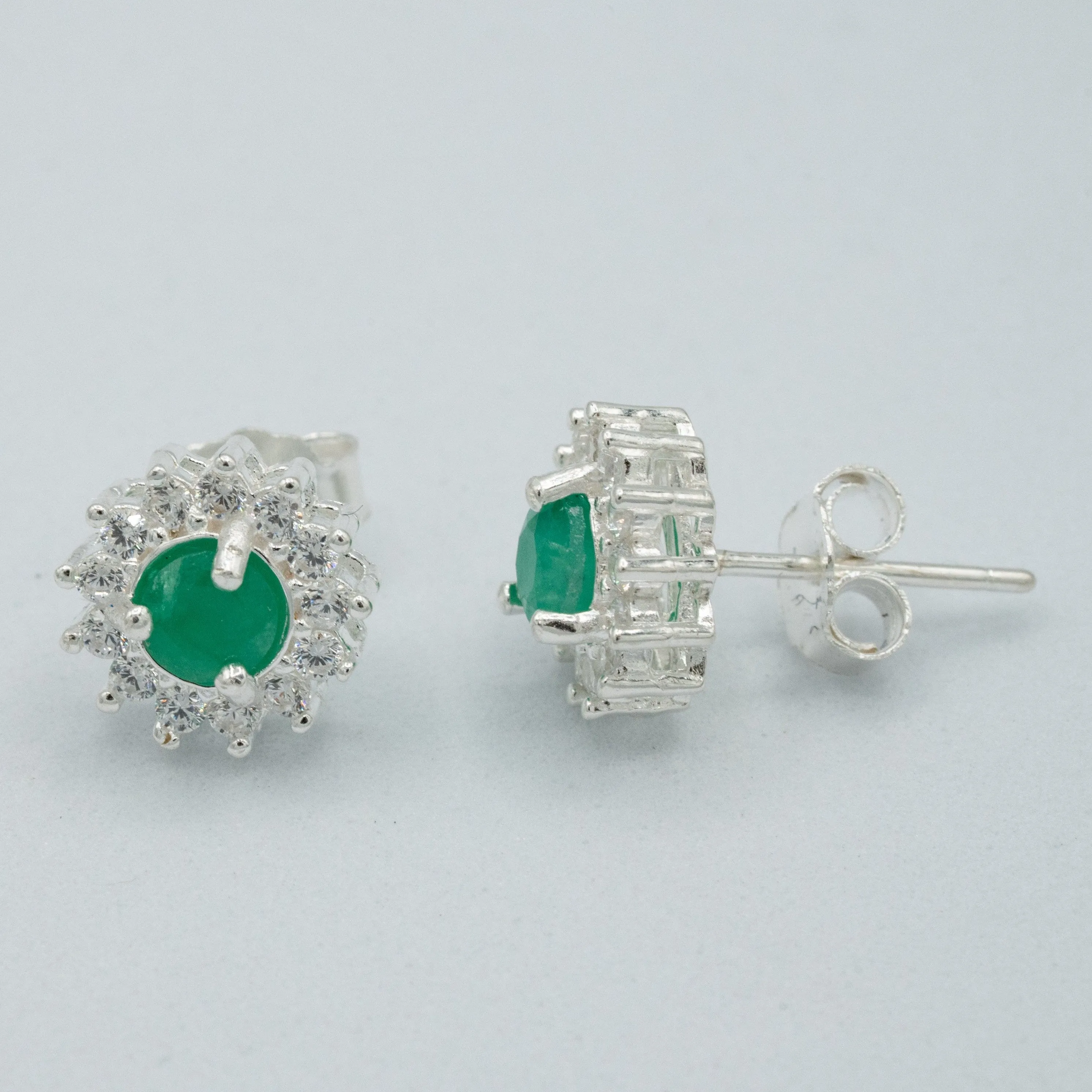 Emerald, sterling silver, Columbian emerald, cubic zirconian flower earrings