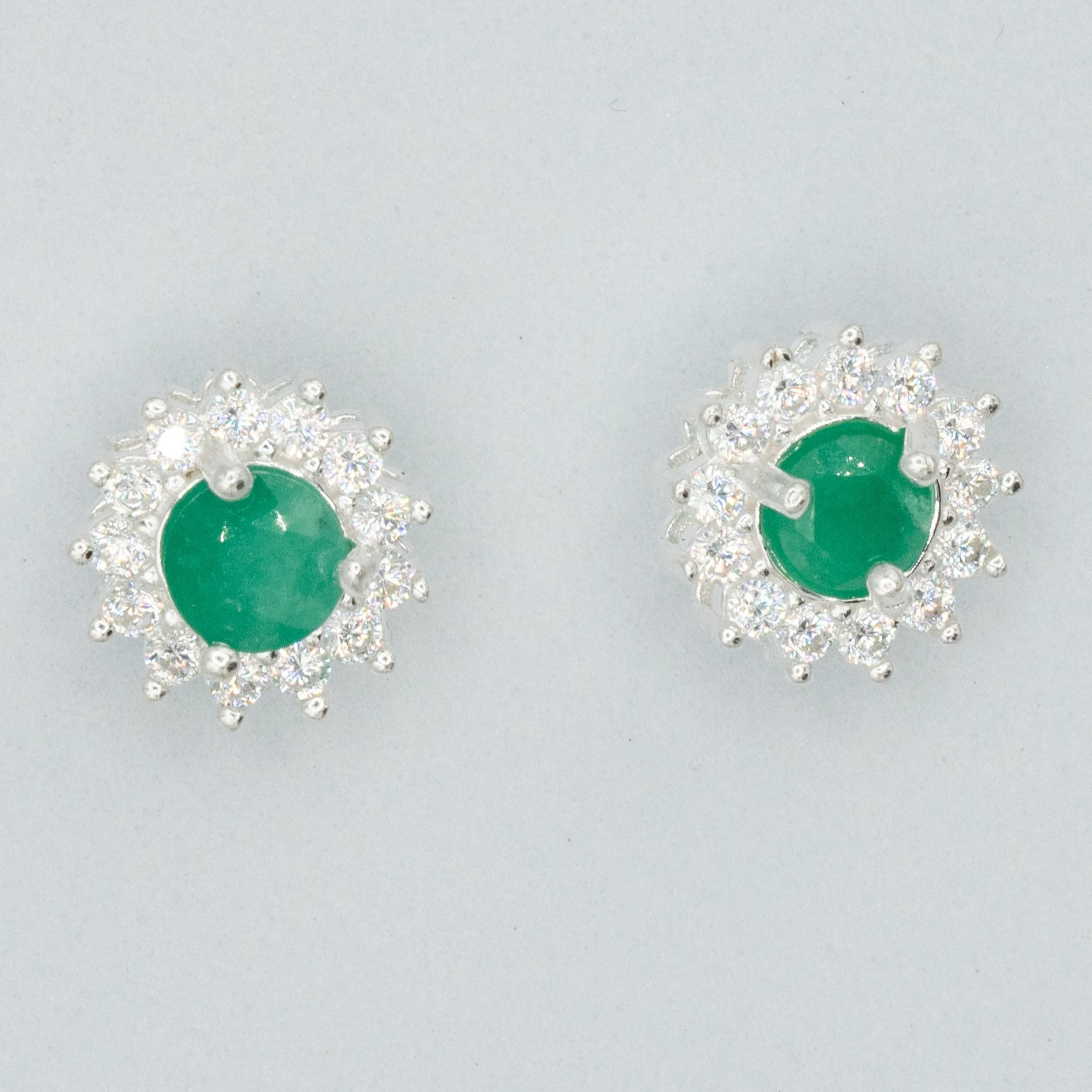 Emerald, sterling silver, Columbian emerald, cubic zirconian flower earrings
