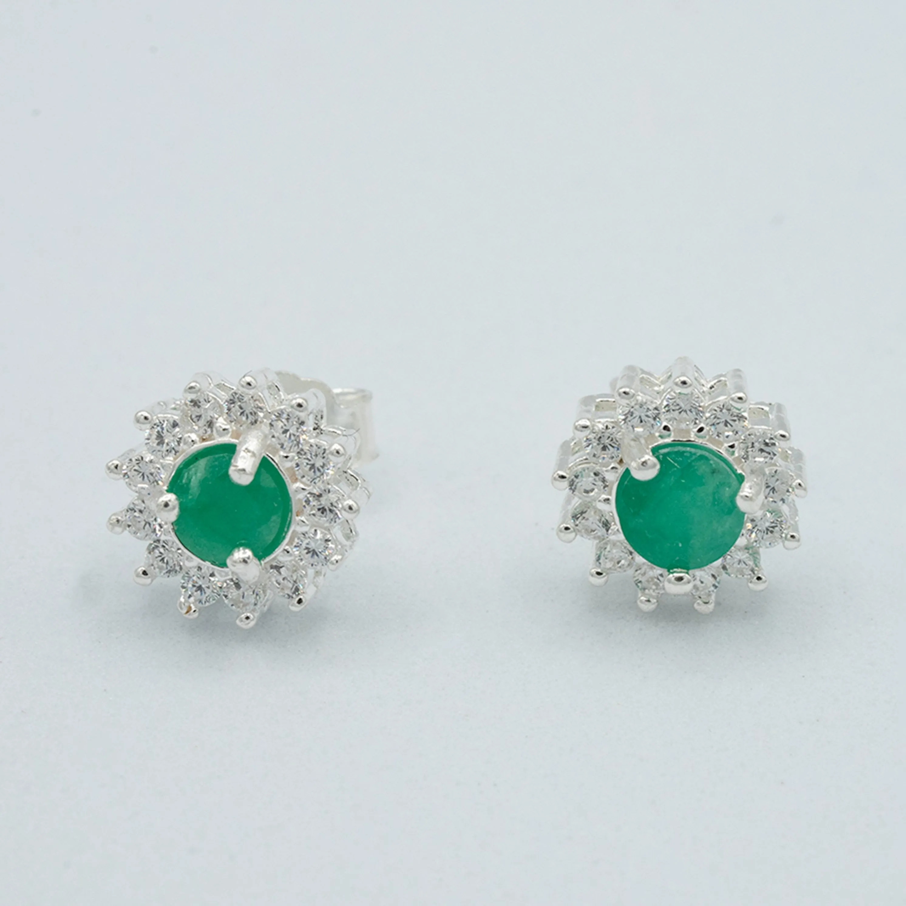 Emerald, sterling silver, Columbian emerald, cubic zirconian flower earrings