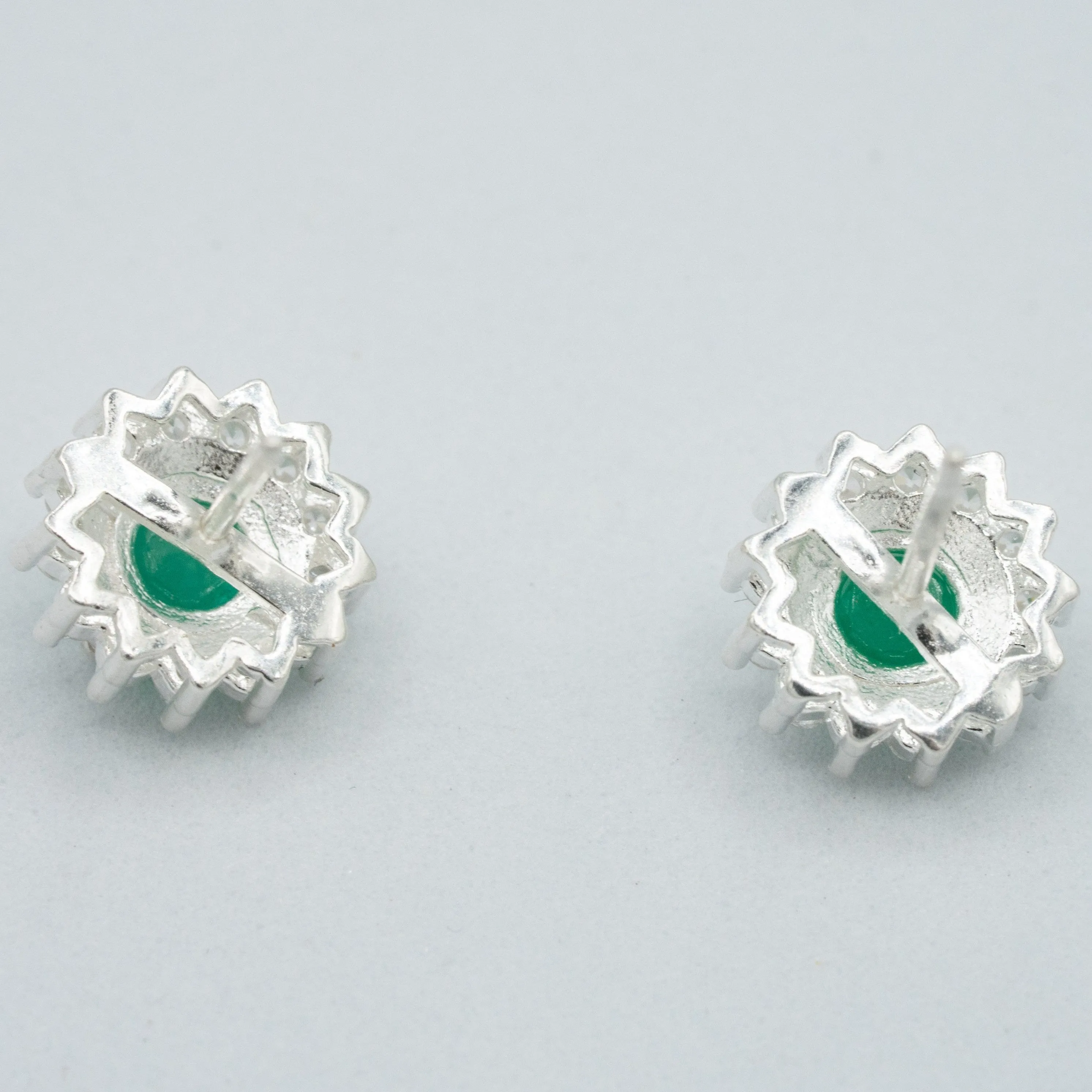 Emerald, sterling silver, Columbian emerald, cubic zirconian flower earrings
