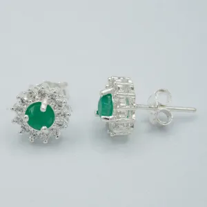 Emerald, sterling silver, Columbian emerald, cubic zirconian flower earrings