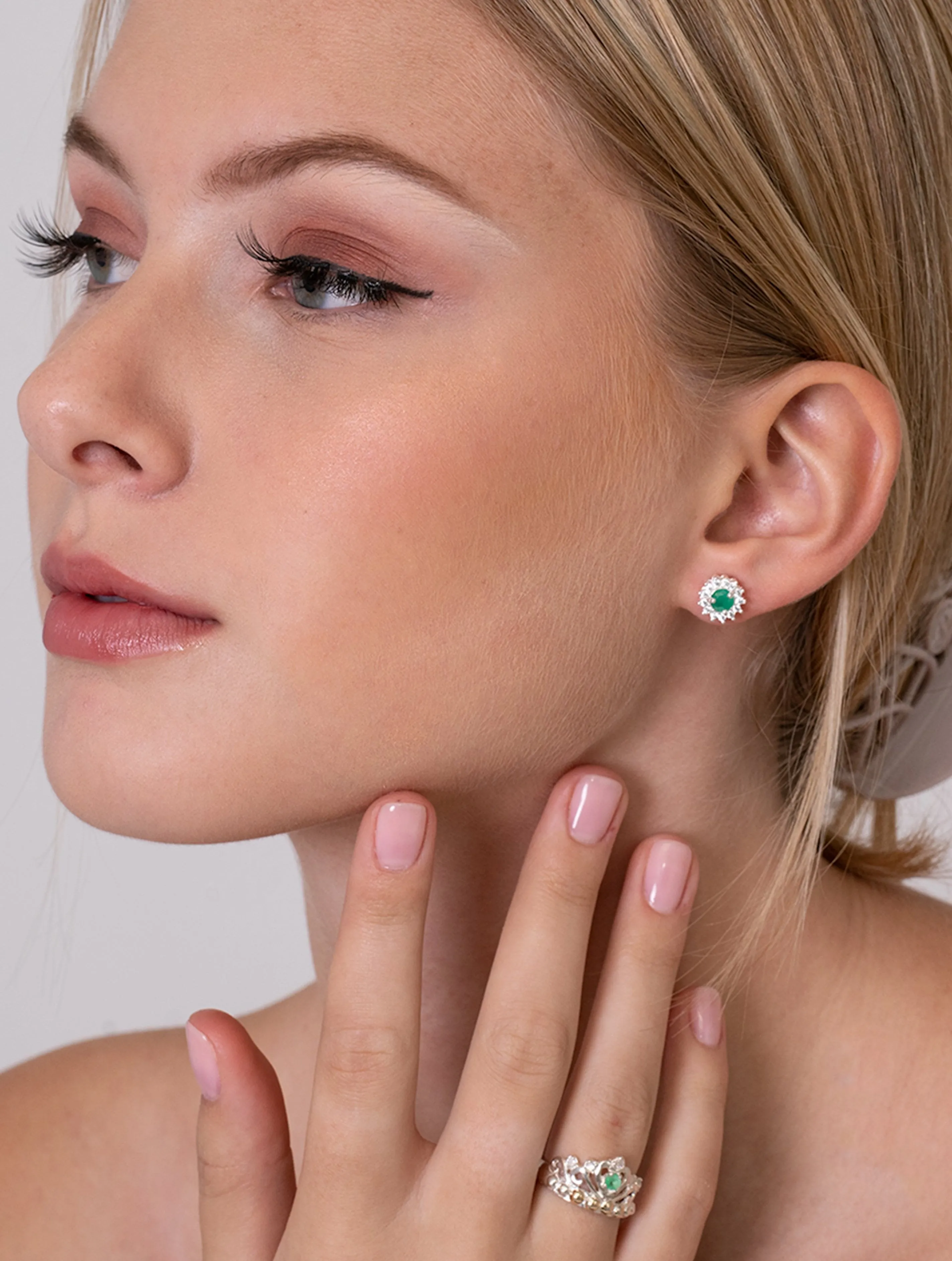 Emerald, sterling silver, Columbian emerald, cubic zirconian flower earrings