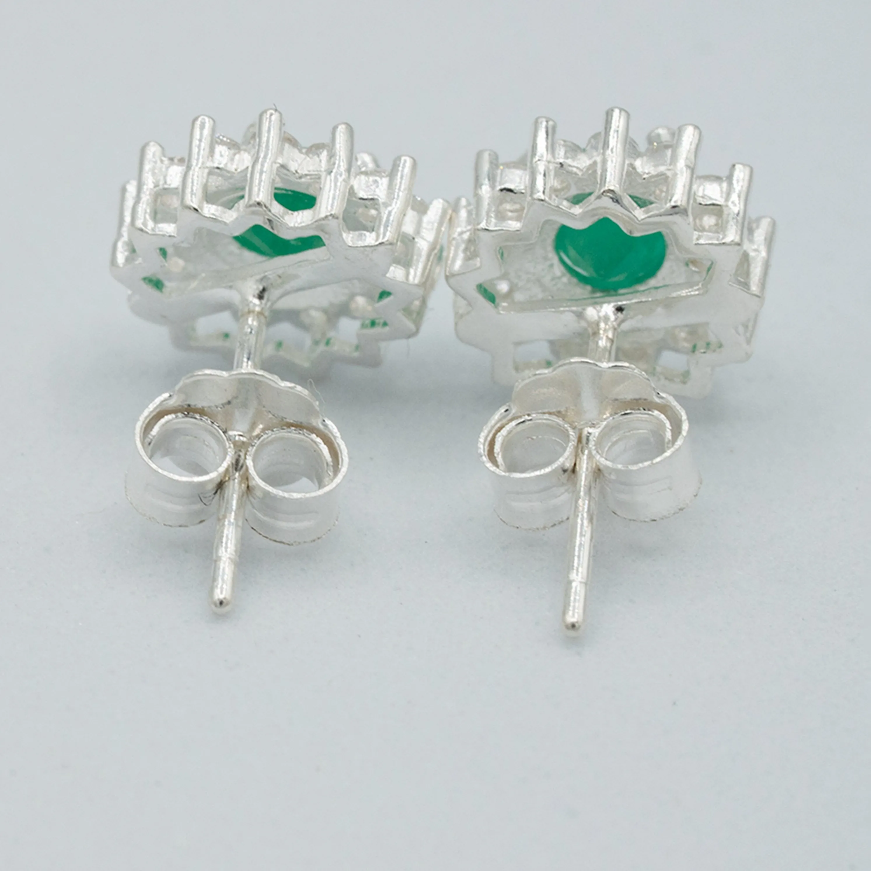 Emerald, sterling silver, Columbian emerald, cubic zirconian flower earrings