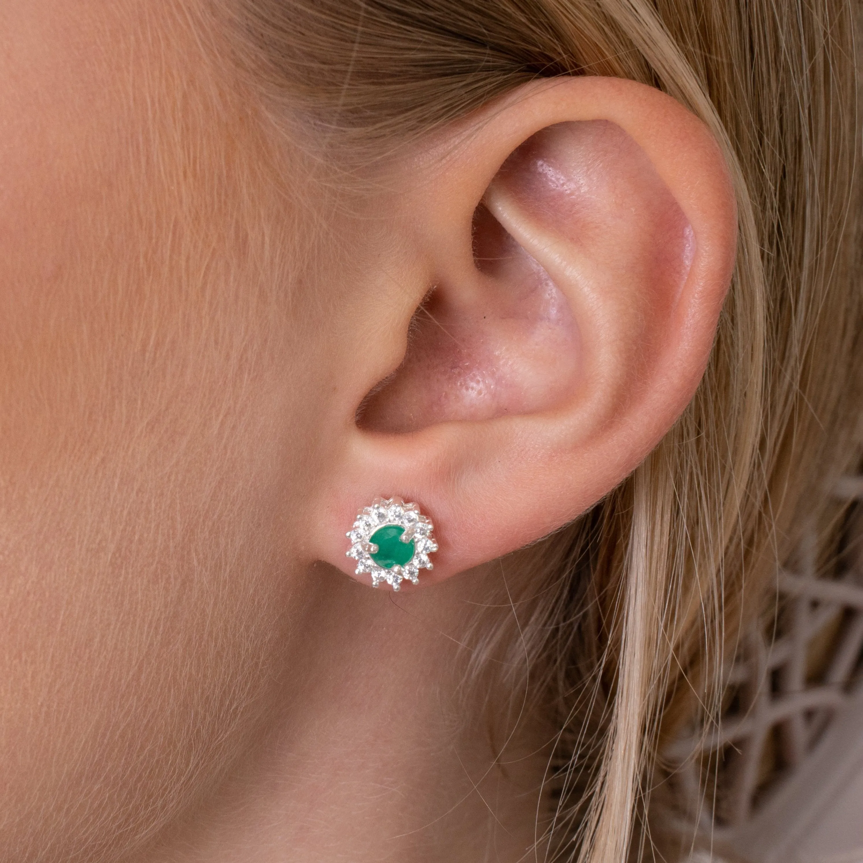Emerald, sterling silver, Columbian emerald, cubic zirconian flower earrings
