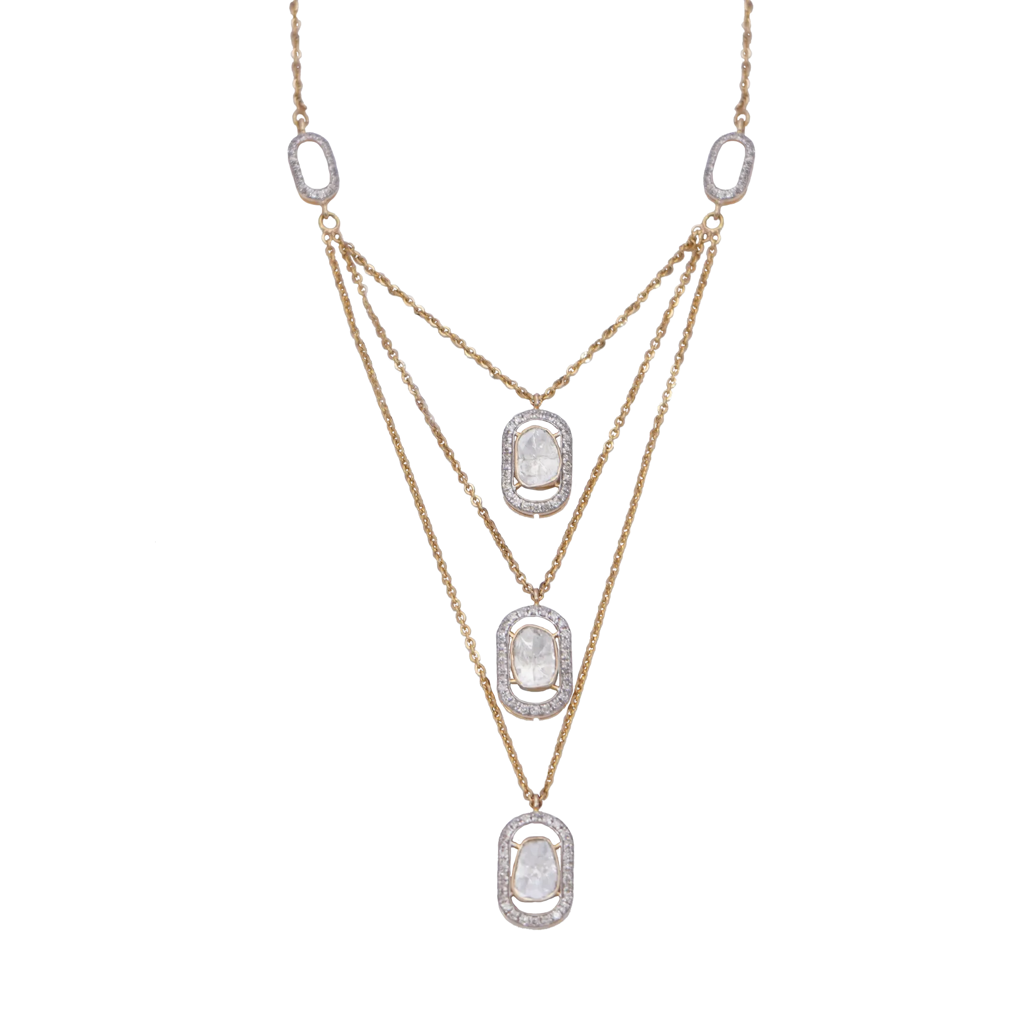 Exquisite Three-Layer Moissanite Polki Necklace: 925 Sterling Silver with 18kt Gold Plating - Authentic Jadau Jewelry by Enchantica