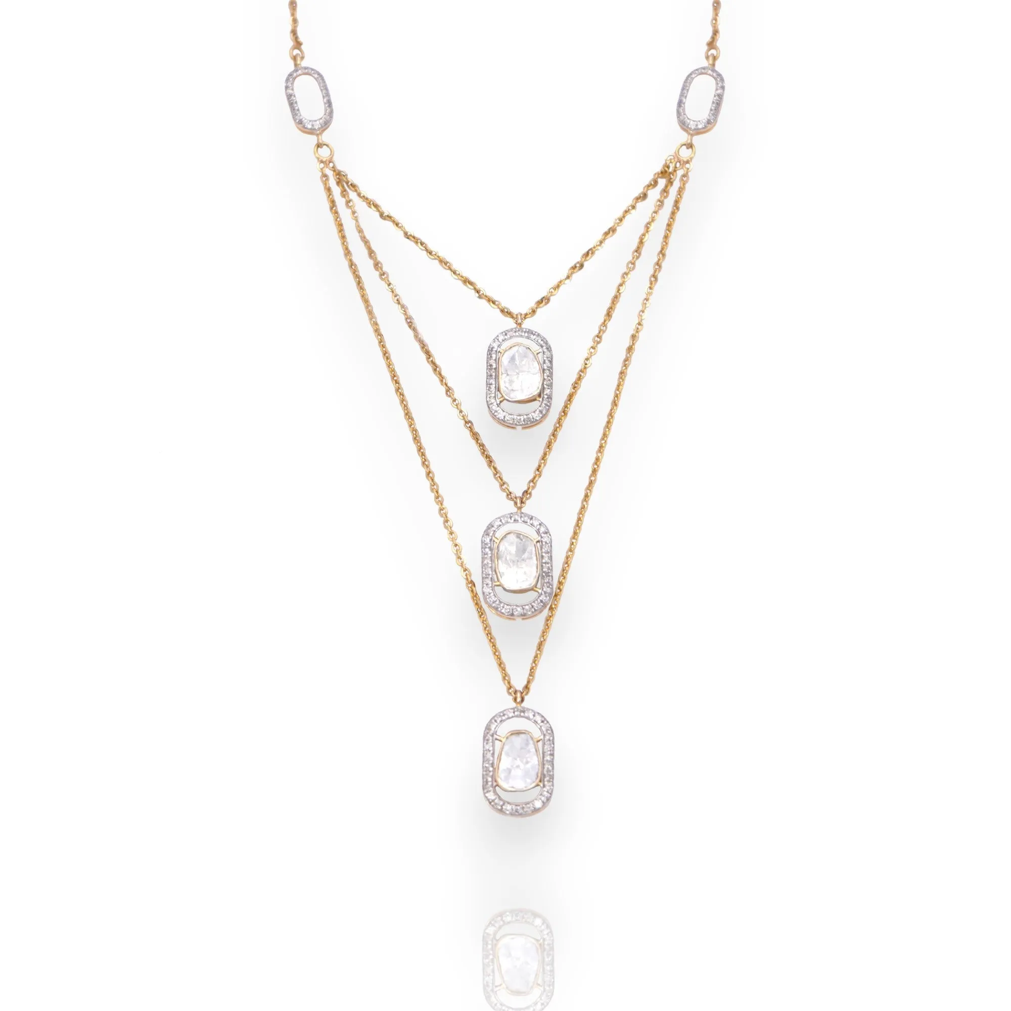 Exquisite Three-Layer Moissanite Polki Necklace: 925 Sterling Silver with 18kt Gold Plating - Authentic Jadau Jewelry by Enchantica