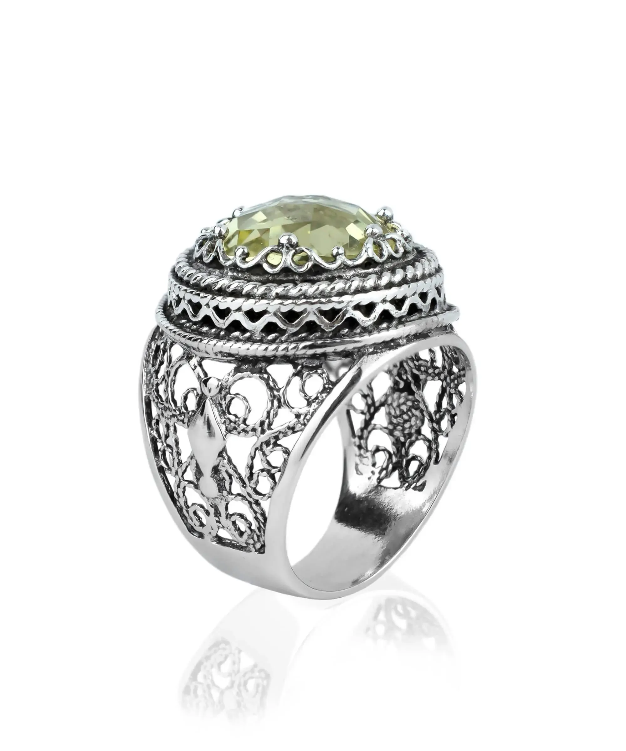 Filigree Art Lemon Quartz Gemstone Women Silver Bold Ring