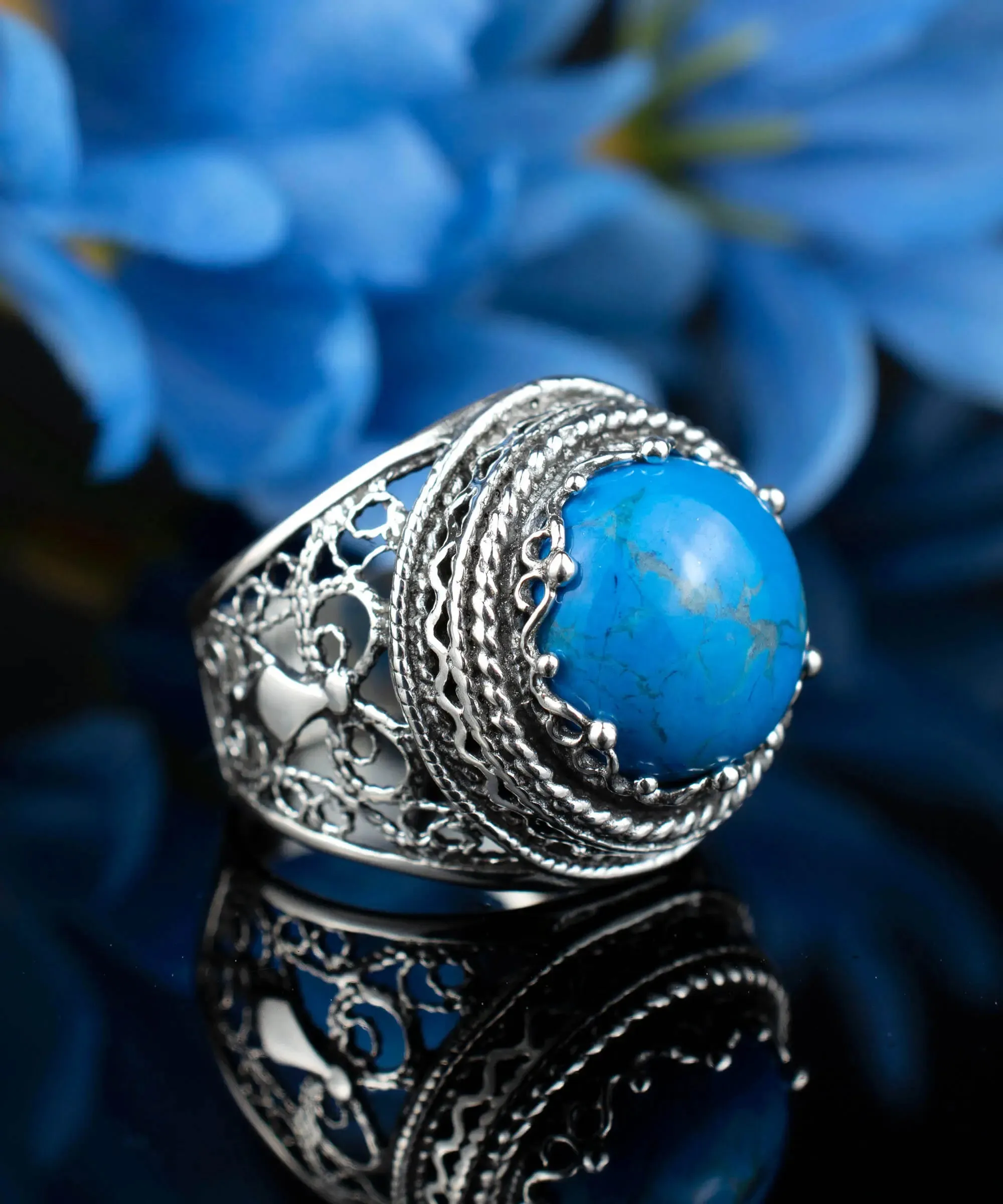Filigree Art Turquoise Gemstone Women Silver Bold Ring