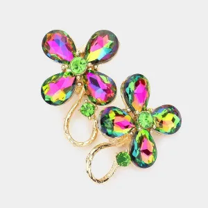 Flower Oil Spill Crystal Accented Clip On Evening Earrings