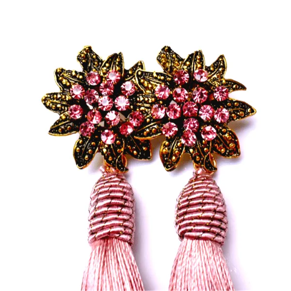 Flower Rhinestone Tassel Drop Dangling Earrings